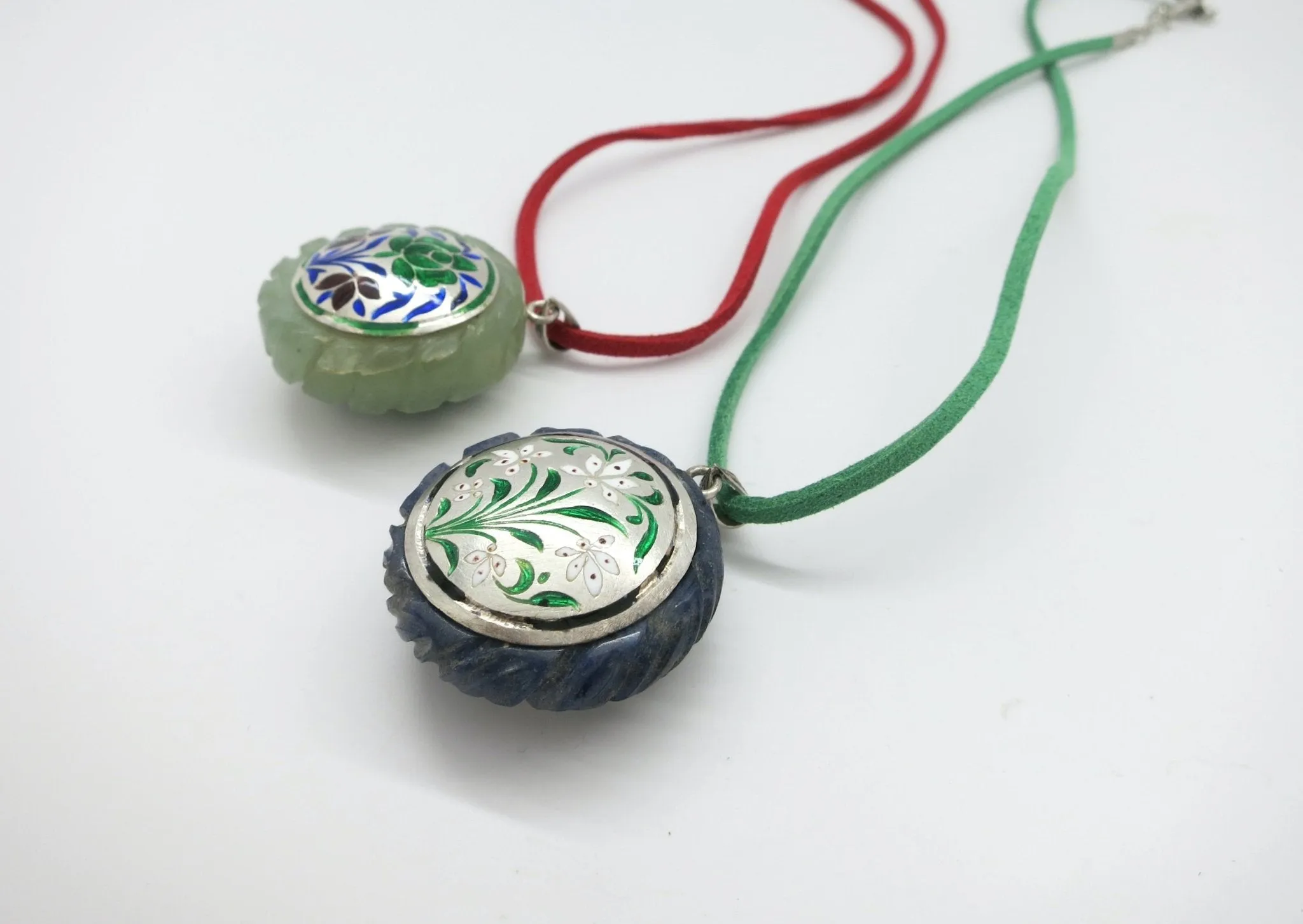 Rare, collectible, reversible carved gemstone pendants with fine enamel work (bigger)