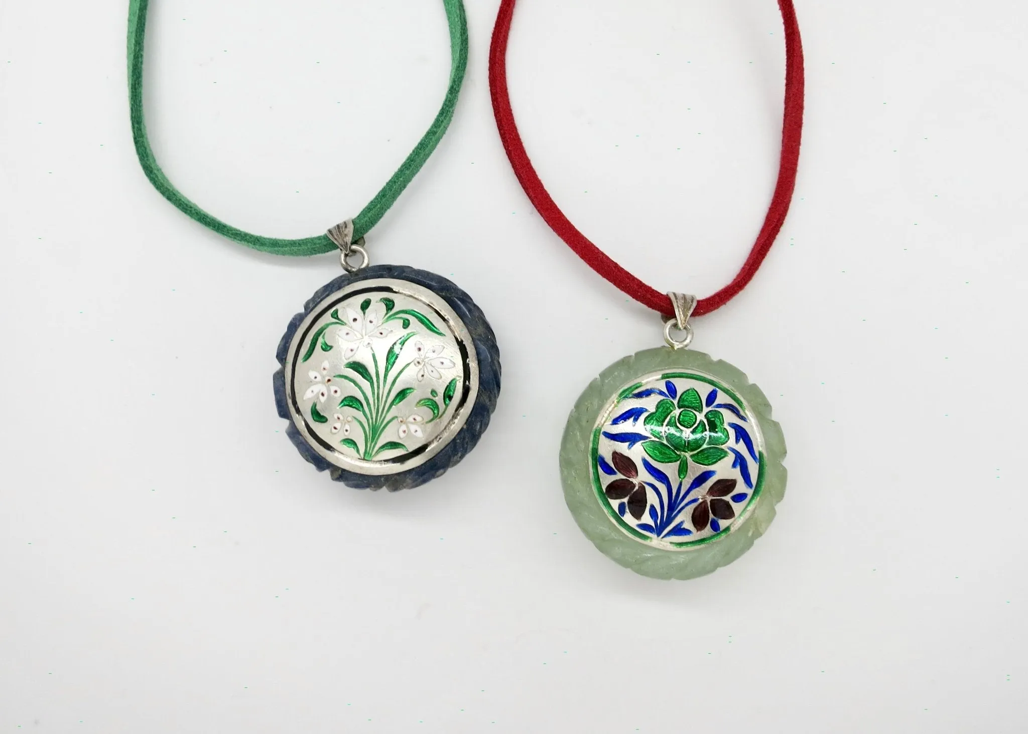 Rare, collectible, reversible carved gemstone pendants with fine enamel work (bigger)