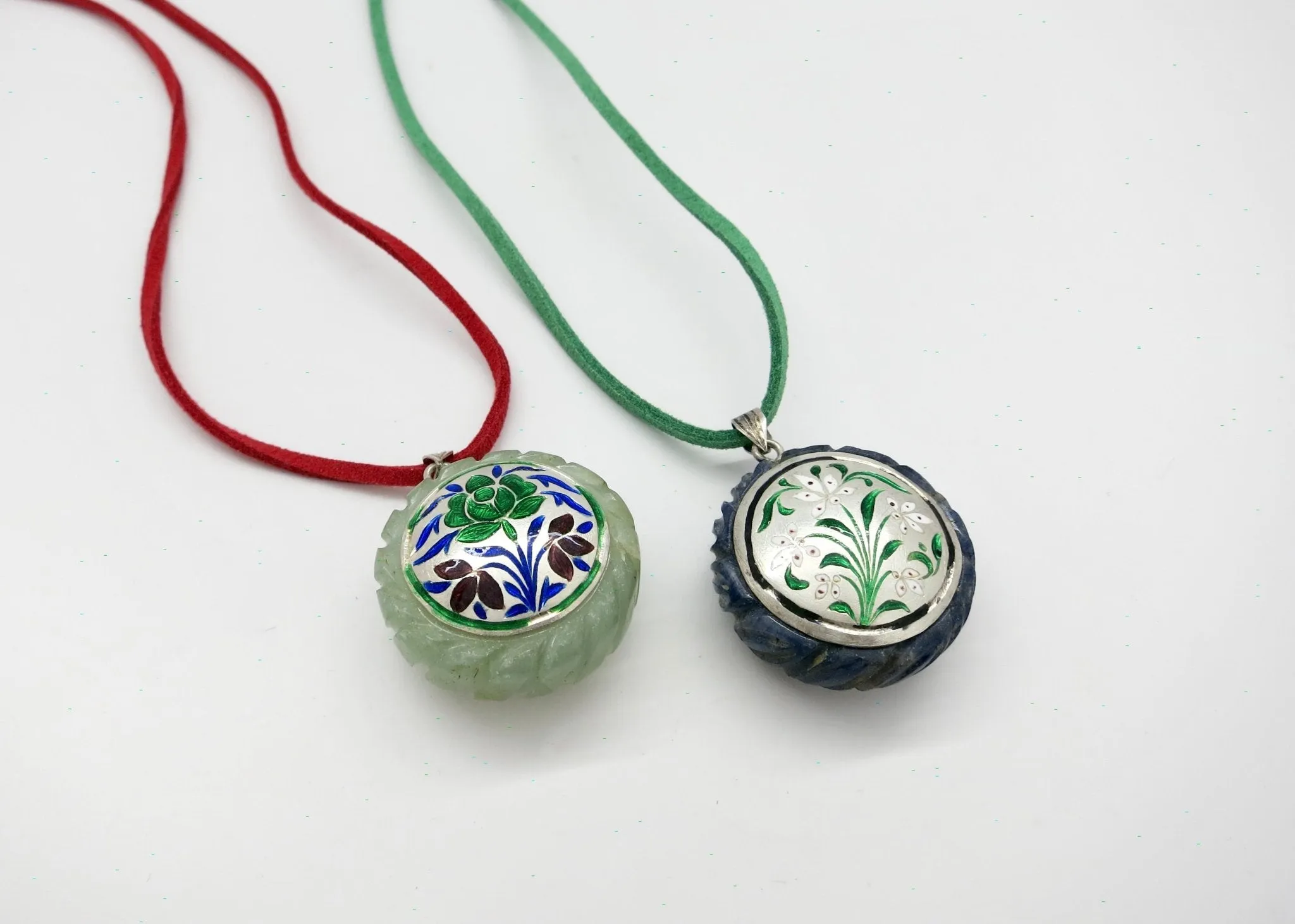 Rare, collectible, reversible carved gemstone pendants with fine enamel work (bigger)