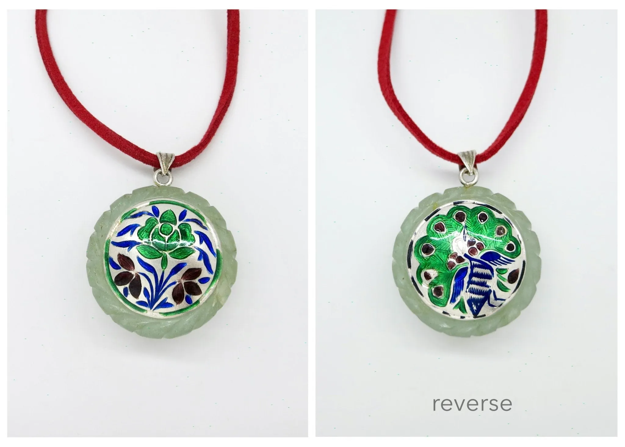 Rare, collectible, reversible carved gemstone pendants with fine enamel work (bigger)