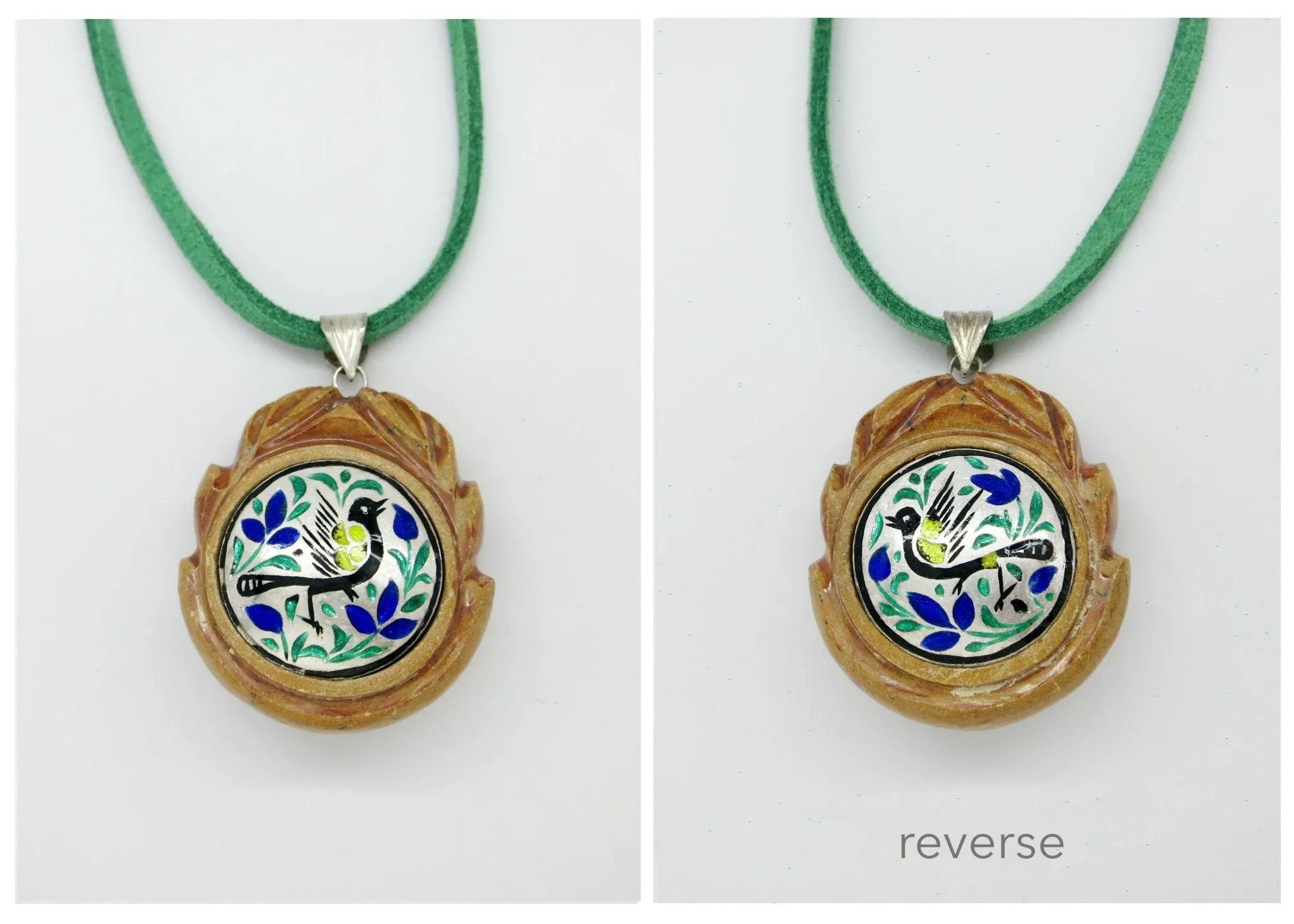 Rare, collectible, reversible carved gemstone pendants with fine enamel work (smaller)