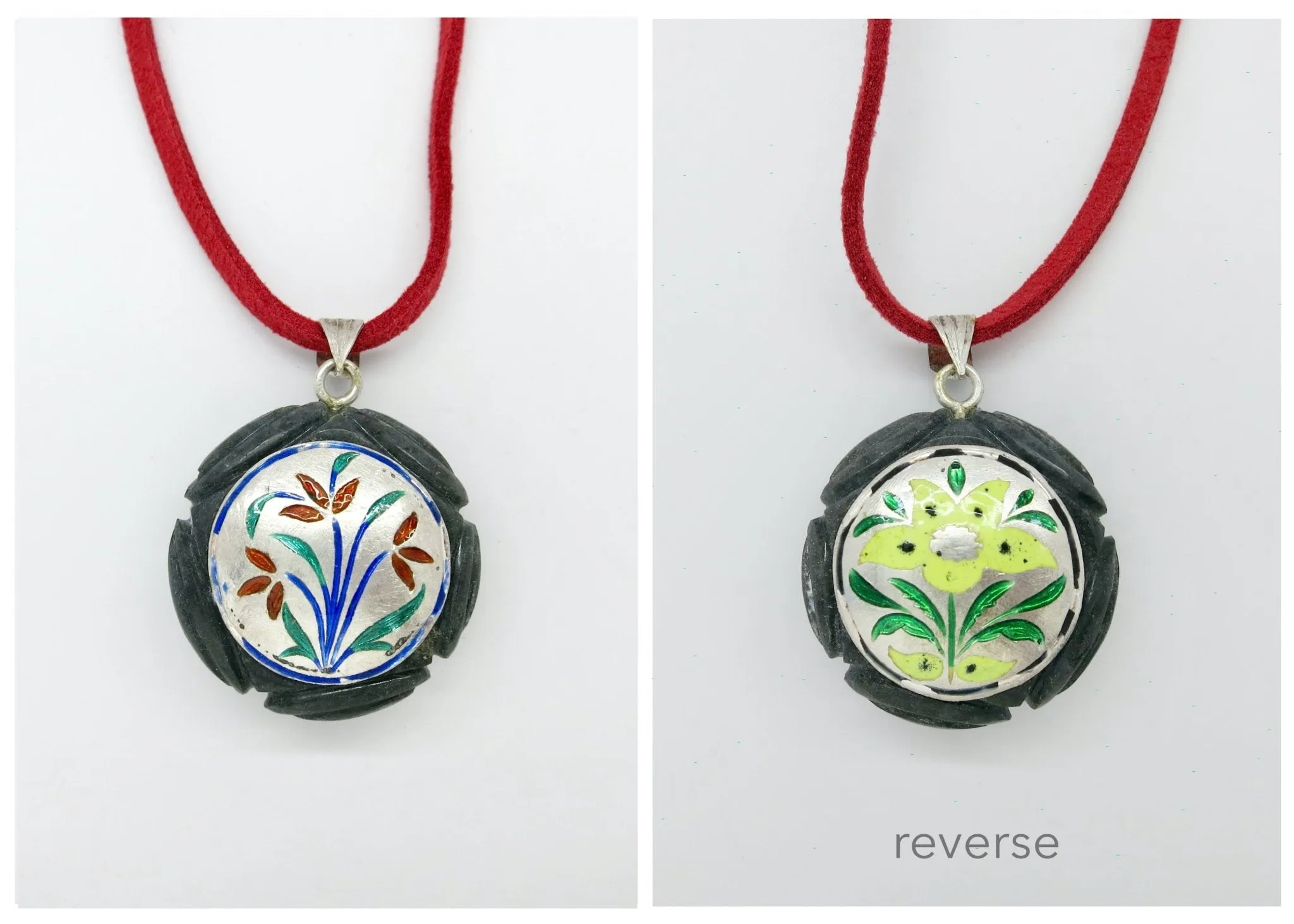 Rare, collectible, reversible carved gemstone pendants with fine enamel work (smaller)