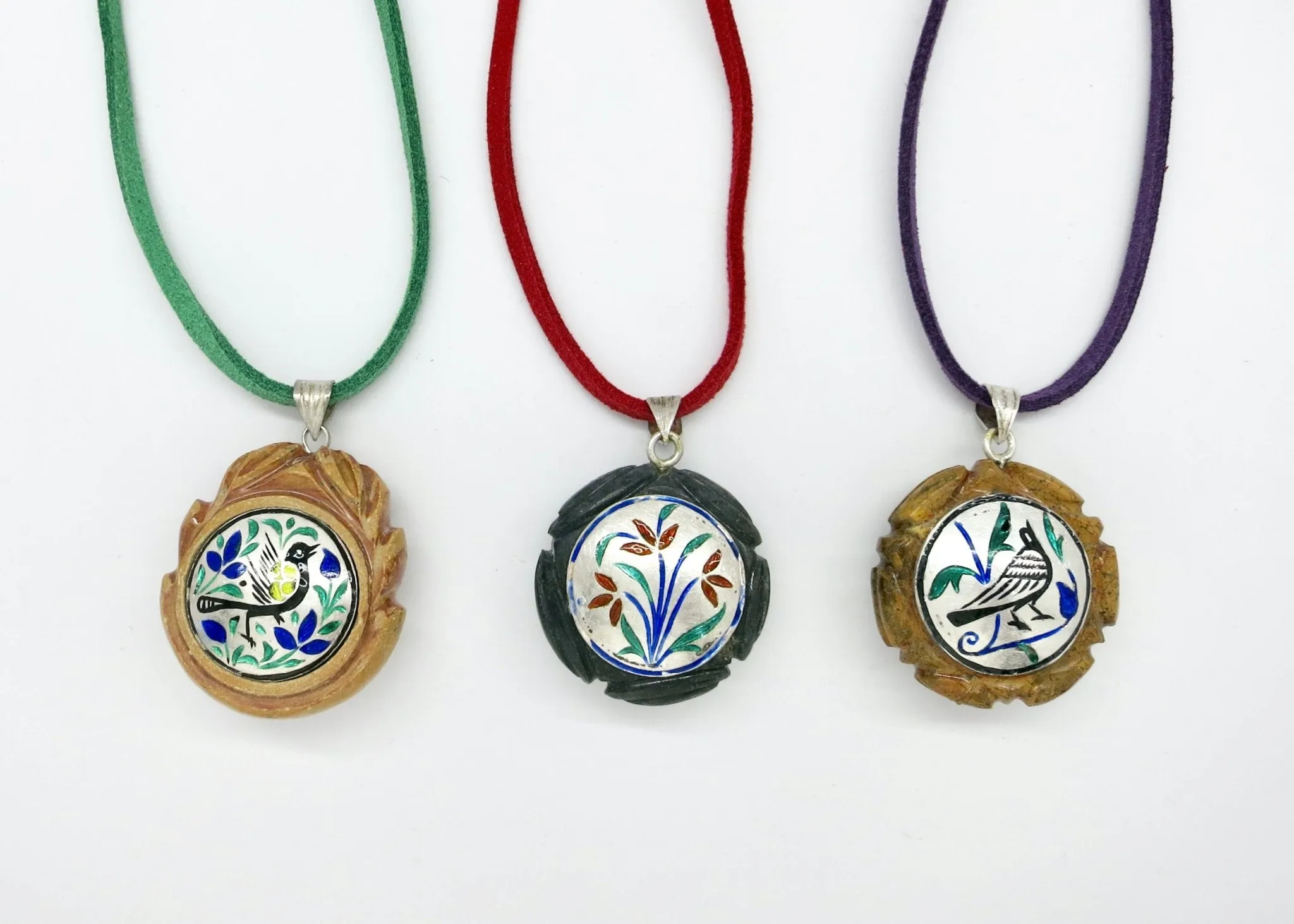 Rare, collectible, reversible carved gemstone pendants with fine enamel work (smaller)