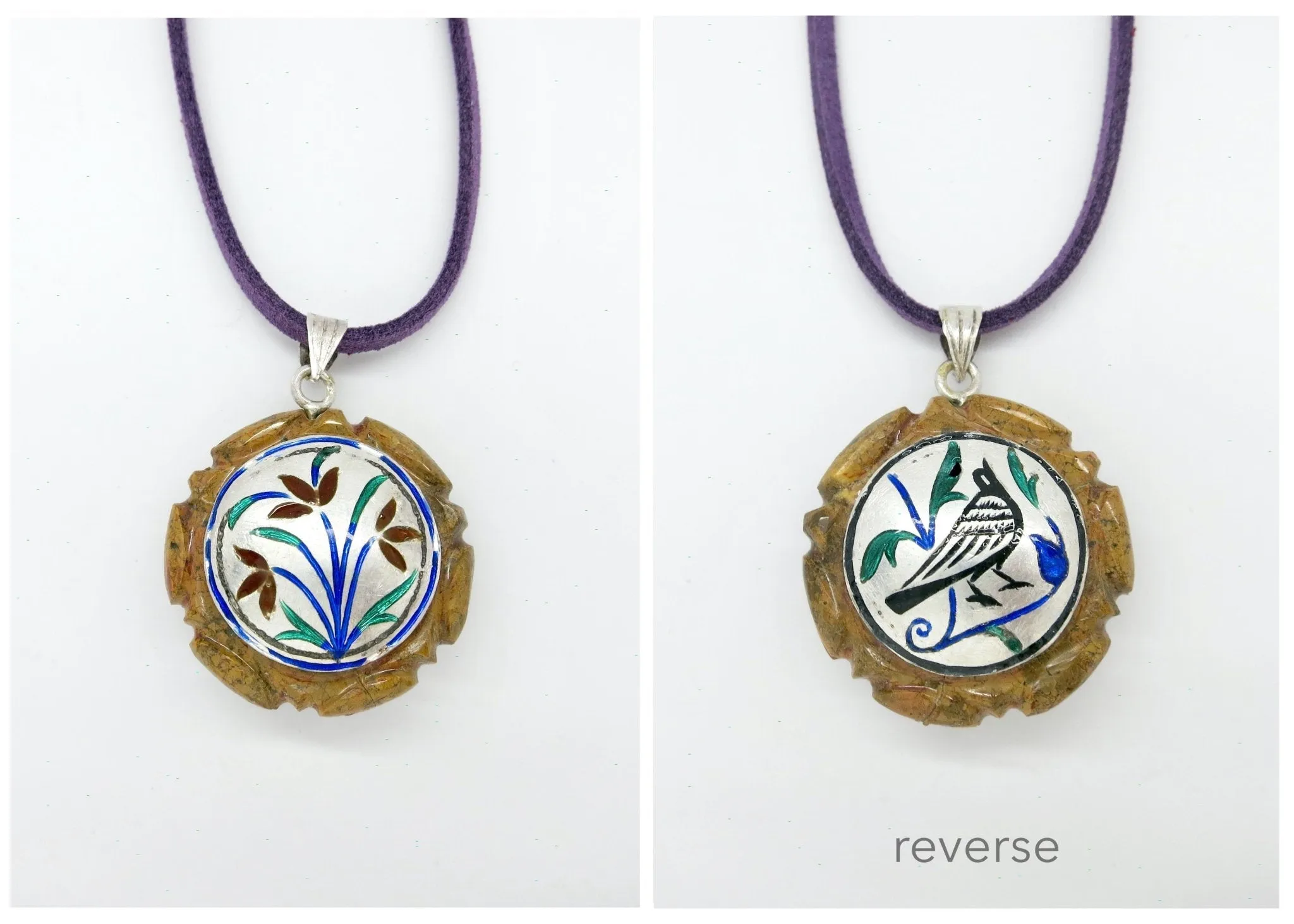 Rare, collectible, reversible carved gemstone pendants with fine enamel work (smaller)