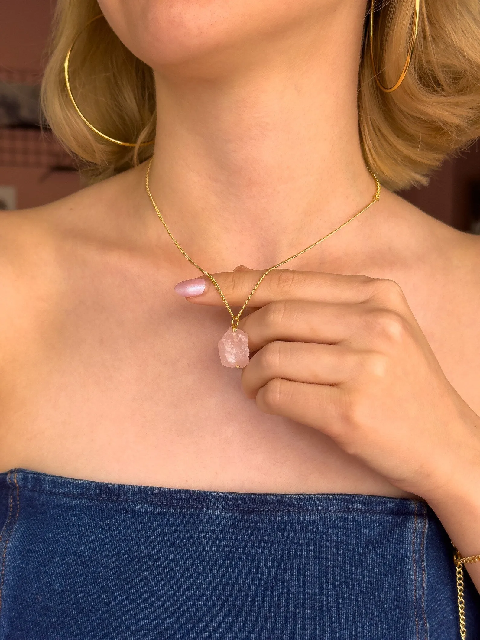 Raw Rose Quartz Minimalist Necklace