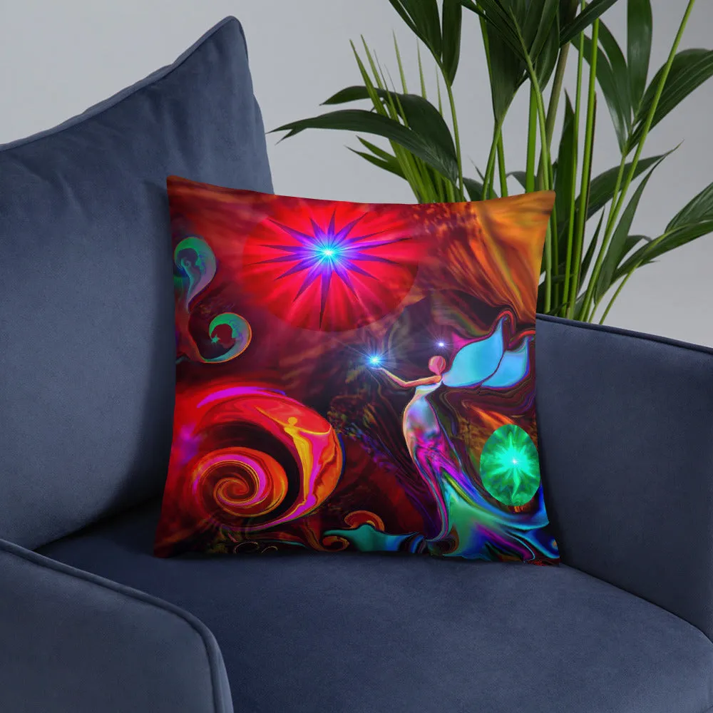 Red Angel Throw Pillow, Uplifting Home Decor, Mystical Moon Spiral Artwork - "Gratitude"
