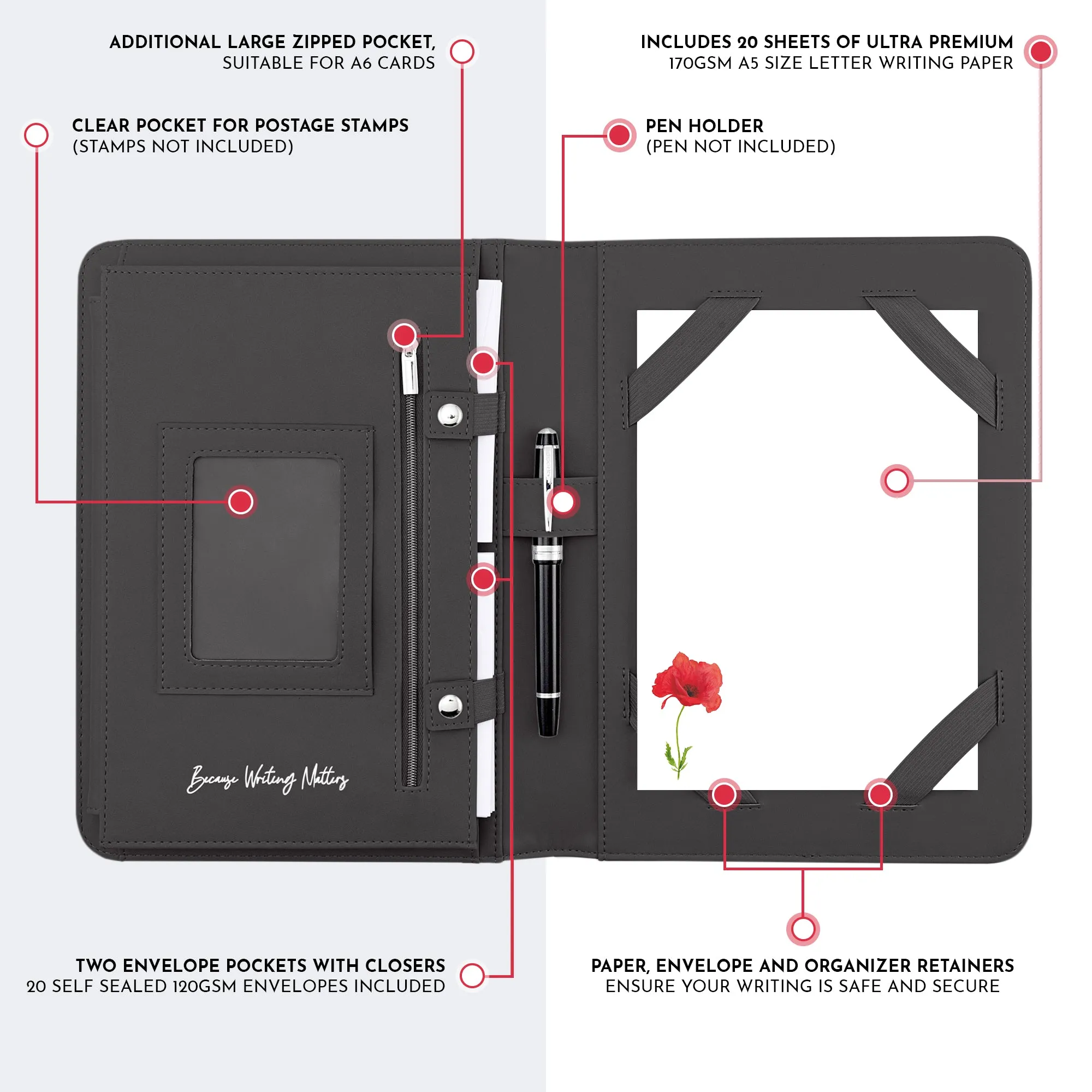 Red Poppy Long Stem Letter Writing Set with Organiser