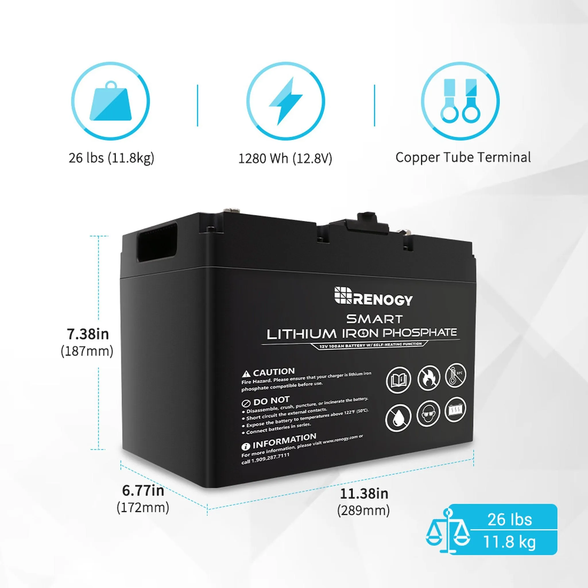 Renogy 12V 100Ah Smart Lithium Iron Phosphate Battery w/ Self-Heating Function