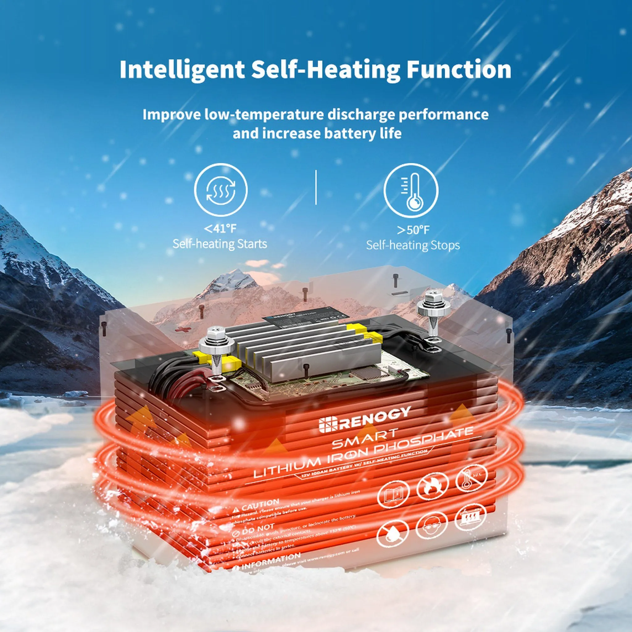 Renogy 12V 100Ah Smart Lithium Iron Phosphate Battery w/ Self-Heating Function