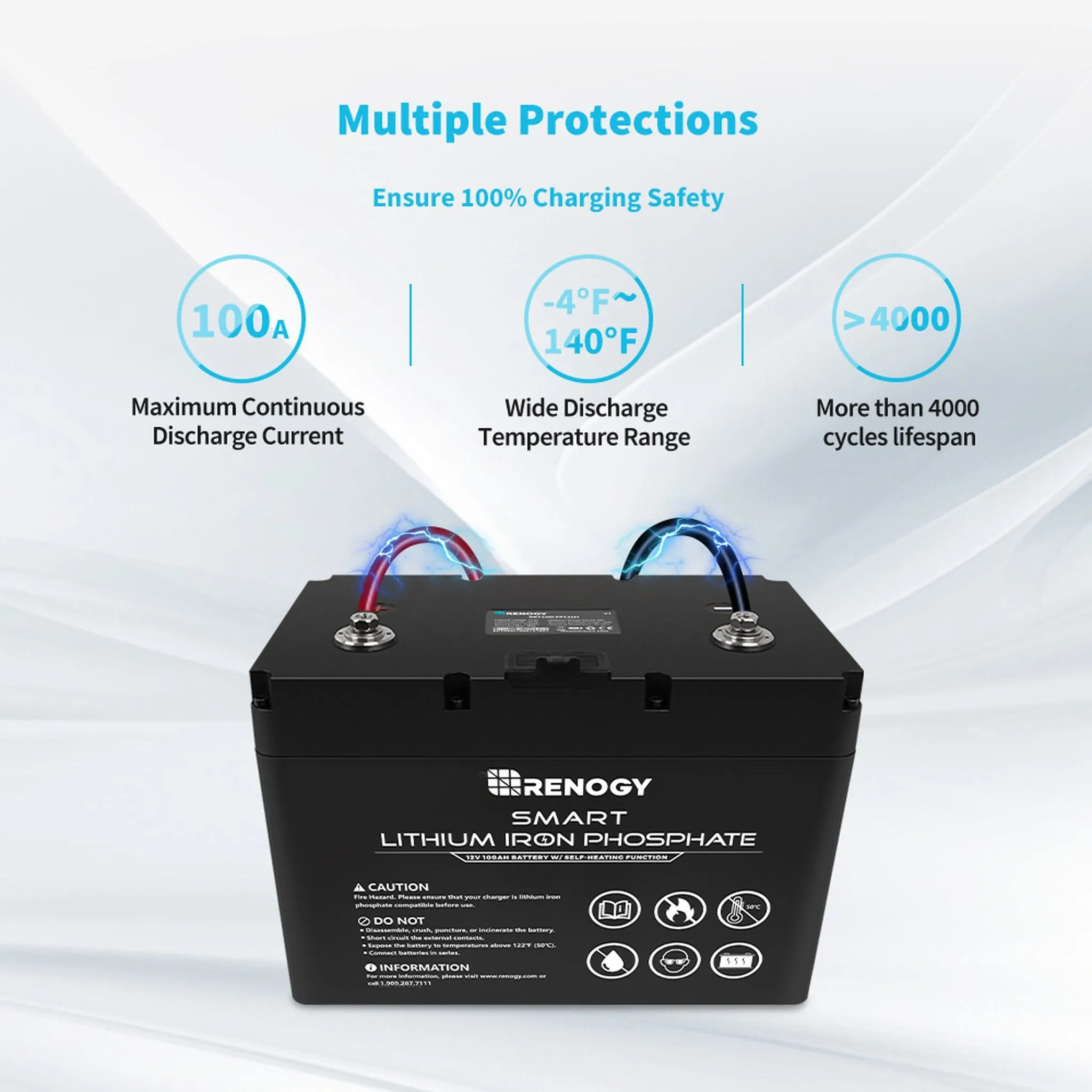 Renogy 12V 100Ah Smart Lithium Iron Phosphate Battery w/ Self-Heating Function