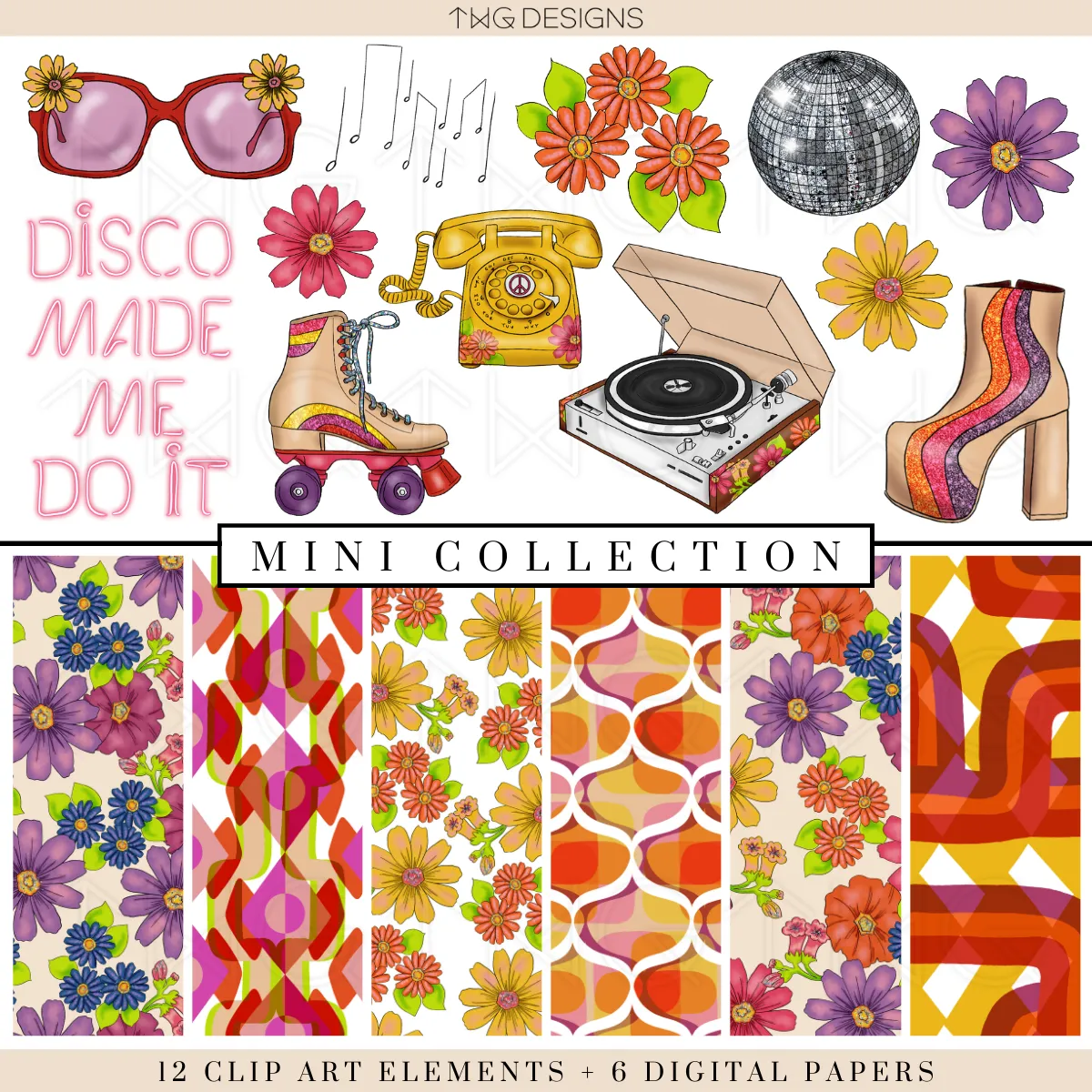 Retro Love Clipart   Pattern Bundle