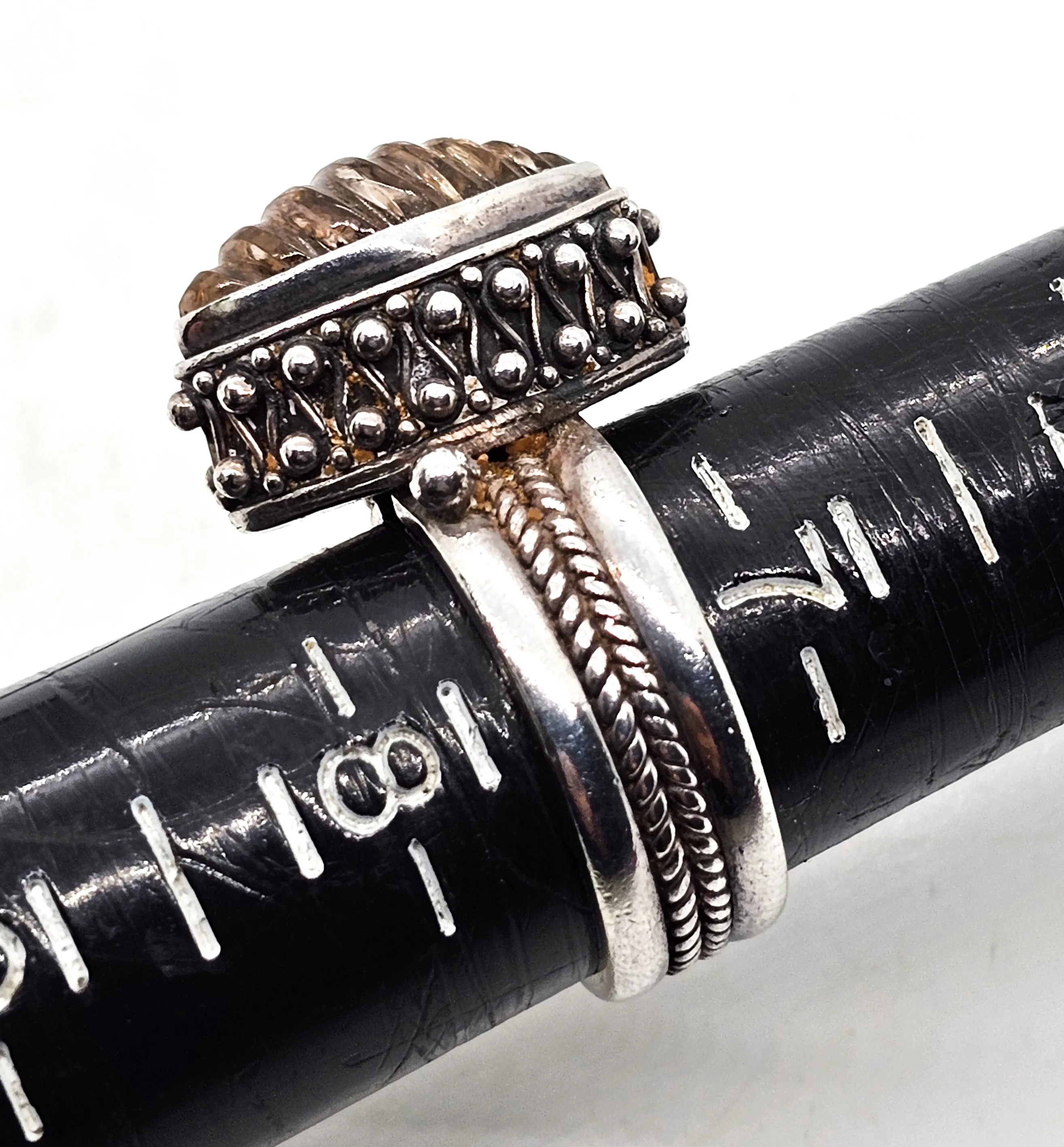 Ribbed Smokey Quartz elaborate woven wheat sterling silver ring size 7.5
