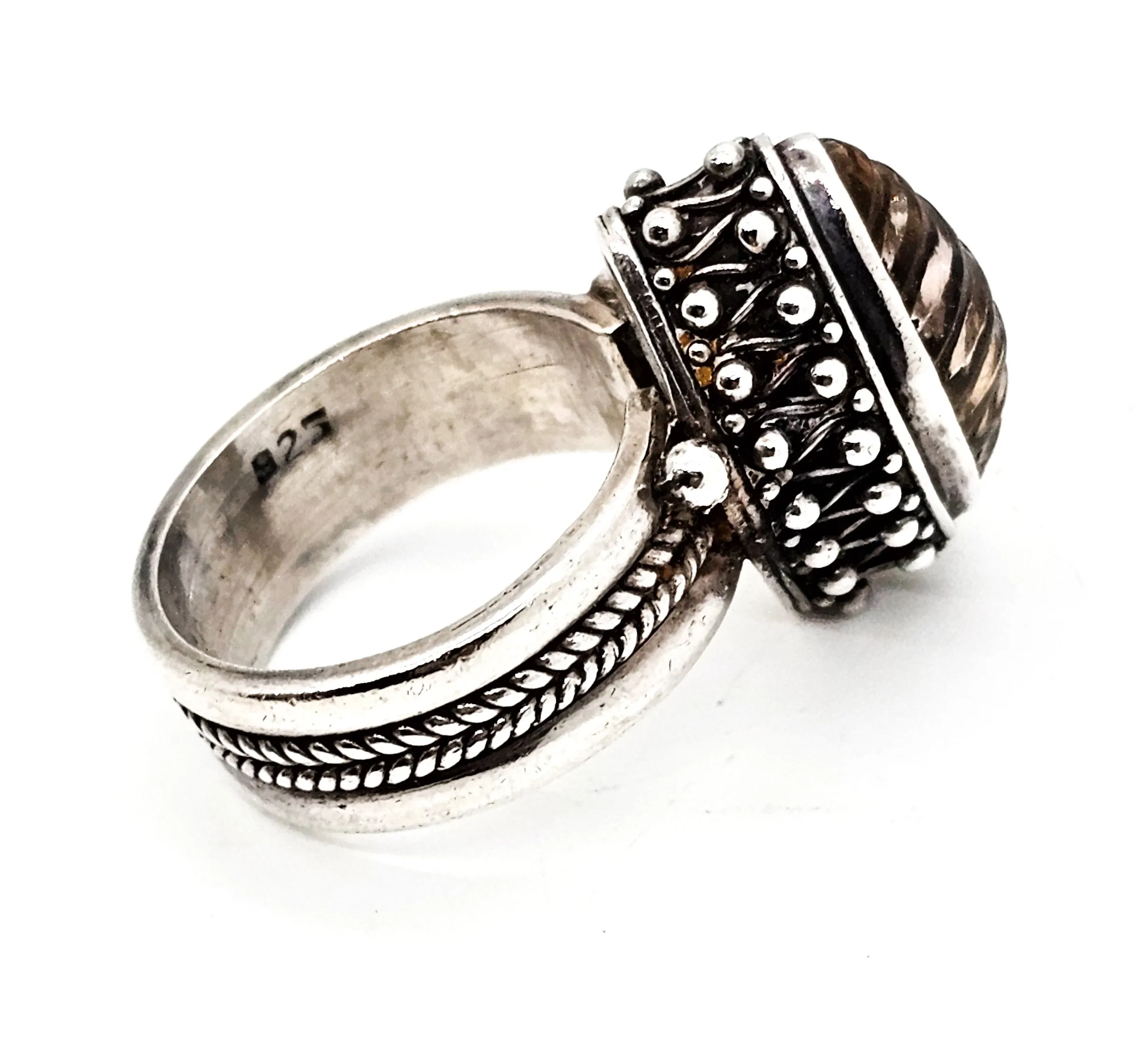 Ribbed Smokey Quartz elaborate woven wheat sterling silver ring size 7.5