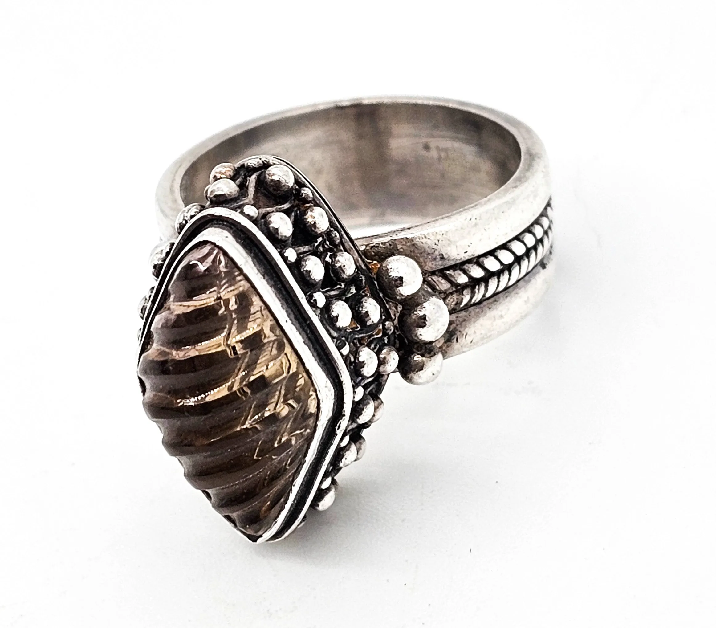 Ribbed Smokey Quartz elaborate woven wheat sterling silver ring size 7.5
