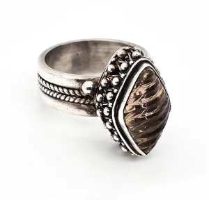Ribbed Smokey Quartz elaborate woven wheat sterling silver ring size 7.5