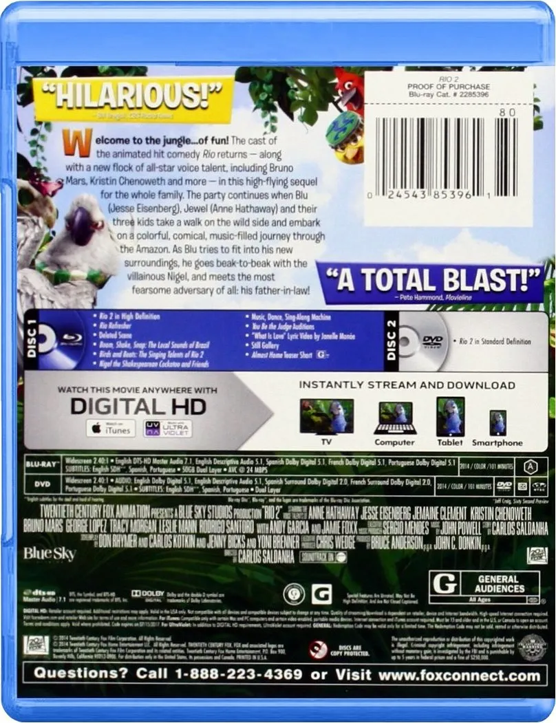 Rio 2 Blu-Ray   DVD   Digital HD (2-Disc Set) (Free Shipping)
