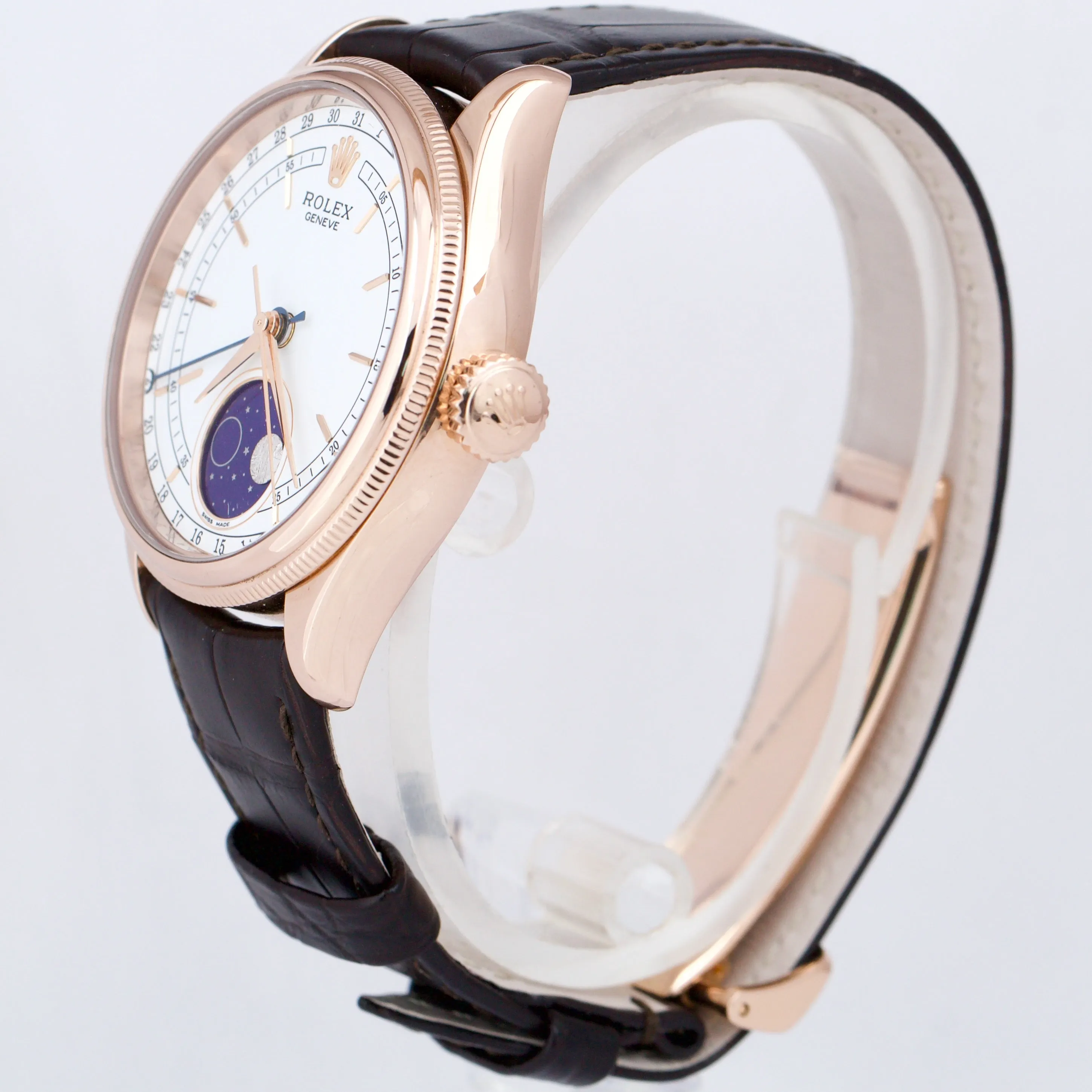 Rolex Cellini Moonphase White Dial 18K Everose Gold 39mm Leather 50535 Watch