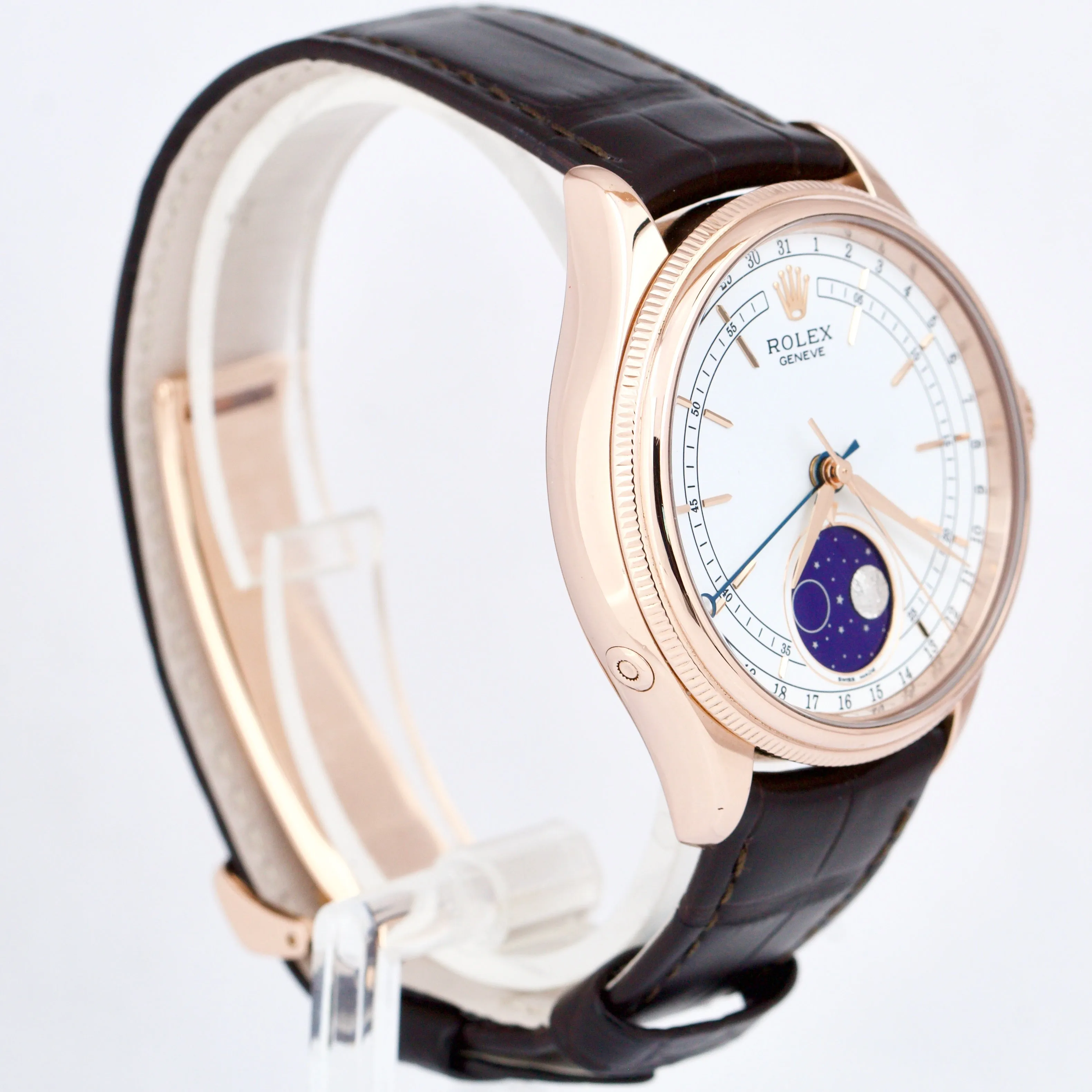 Rolex Cellini Moonphase White Dial 18K Everose Gold 39mm Leather 50535 Watch