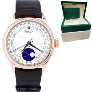 Rolex Cellini Moonphase White Dial 18K Everose Gold 39mm Leather 50535 Watch