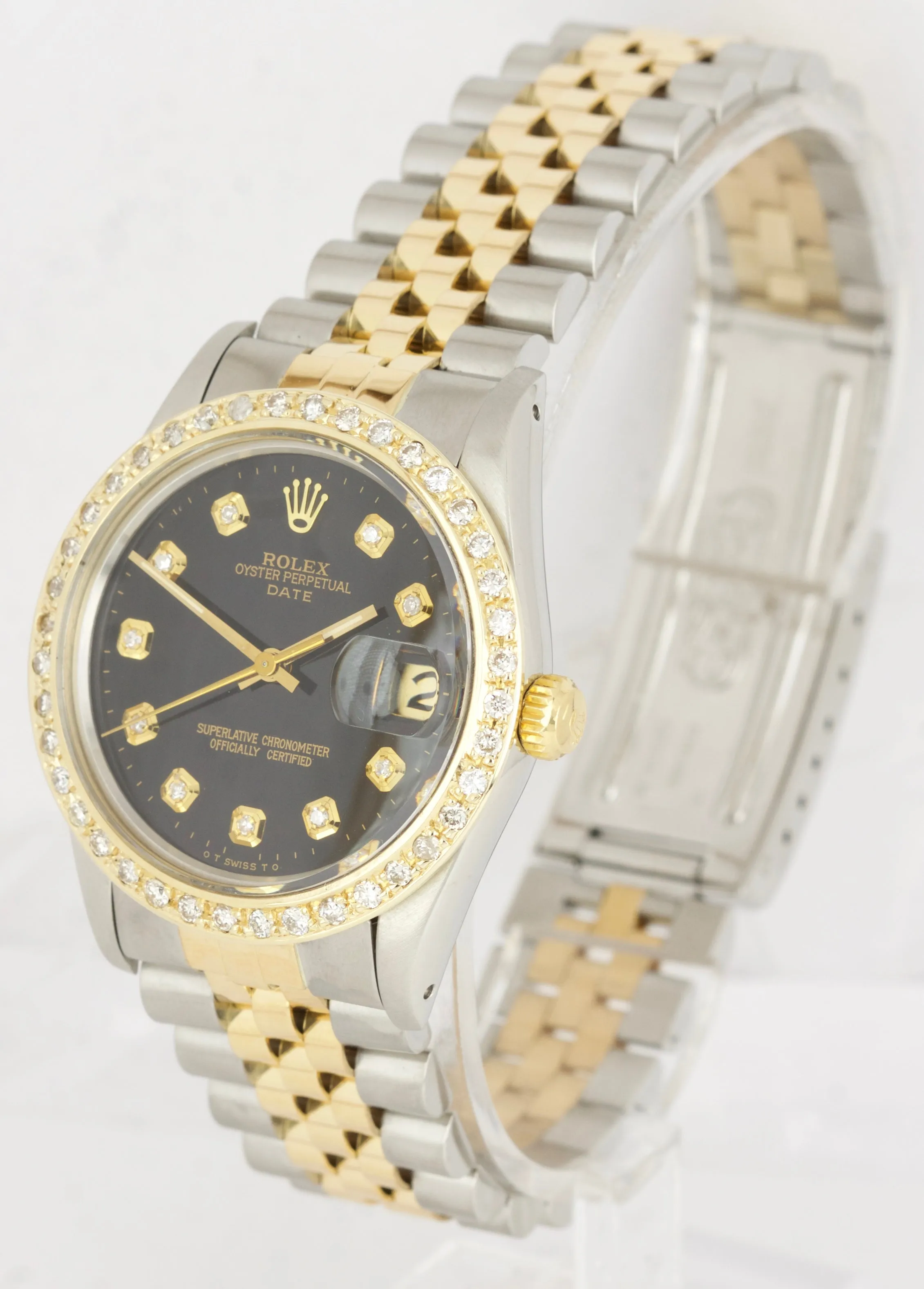 Rolex Date 34mm Two-Tone Stainless Steel Gold Diamond Bezel Watch DateJust 15053