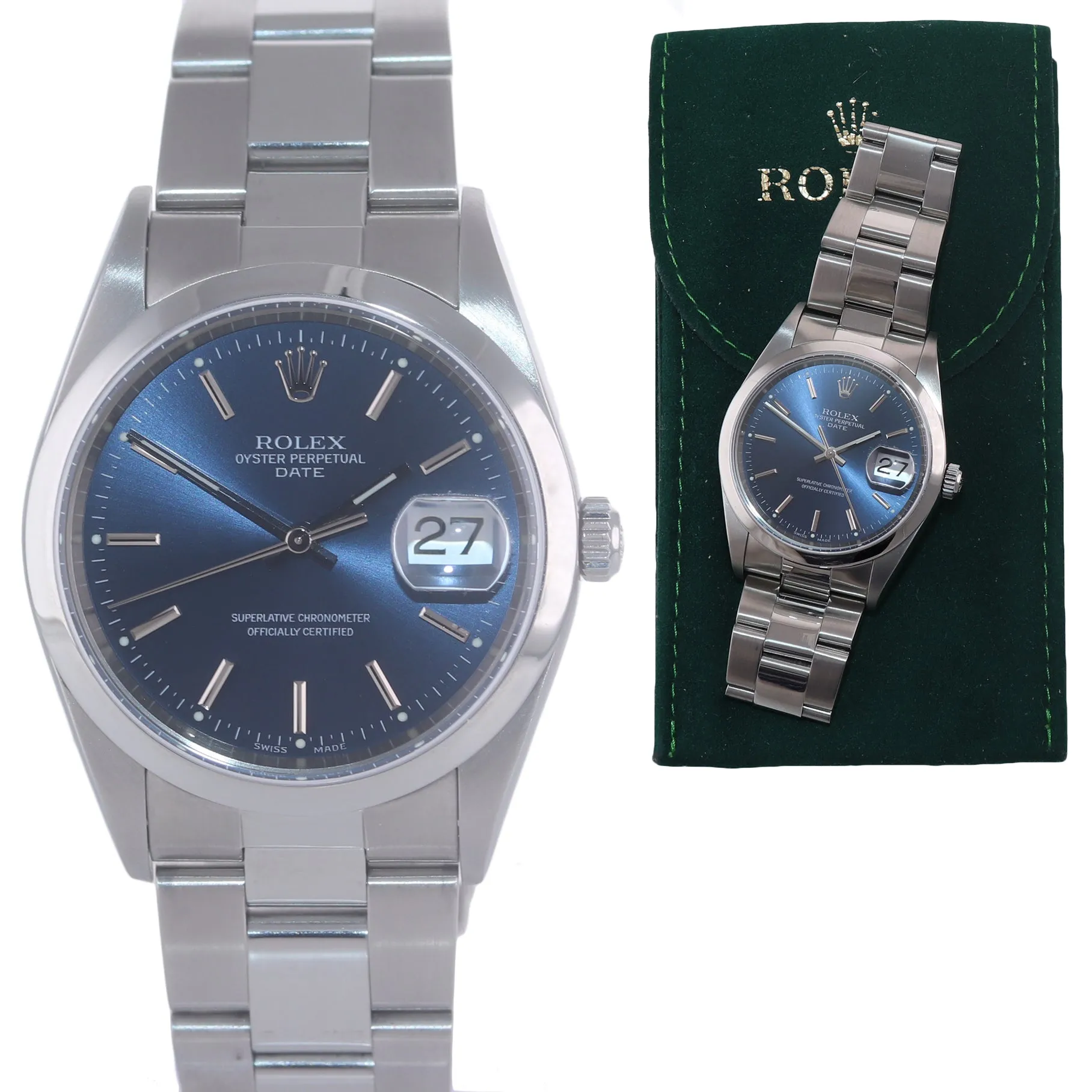Rolex Date Oyster Perpetual Stainless Steel Blue 15200 34mm Watch Box