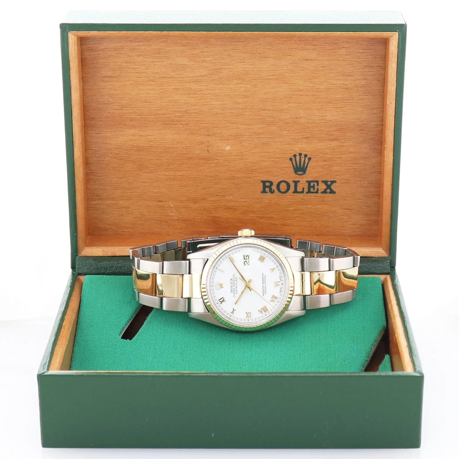 Rolex DateJust 16013 White Roman Two Tone Gold Oyster Band Watch Box