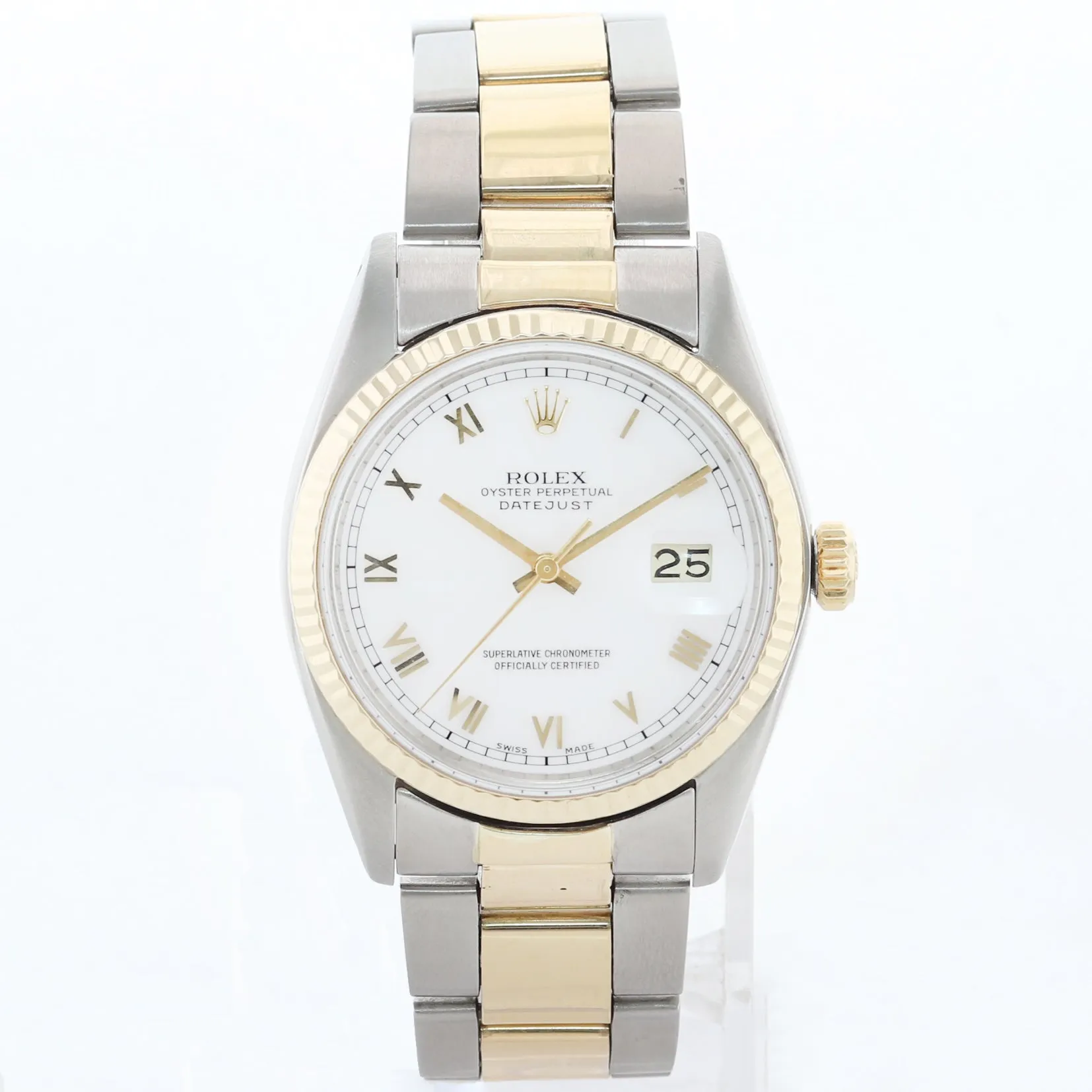 Rolex DateJust 16013 White Roman Two Tone Gold Oyster Band Watch Box