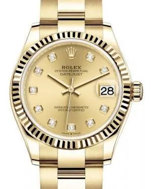 Rolex Datejust 31 Lady Midsize Yellow Gold Champagne Diamond Dial & Fluted Bezel Oyster Bracelet 278278 - NEW
