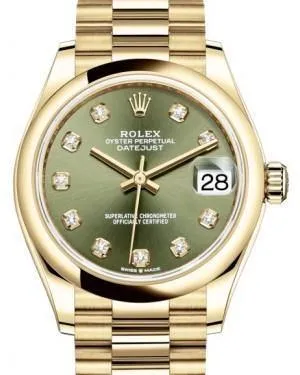 Rolex Datejust 31 Lady Midsize Yellow Gold Olive Green Diamond Dial & Smooth Domed Bezel President Bracelet 278248
