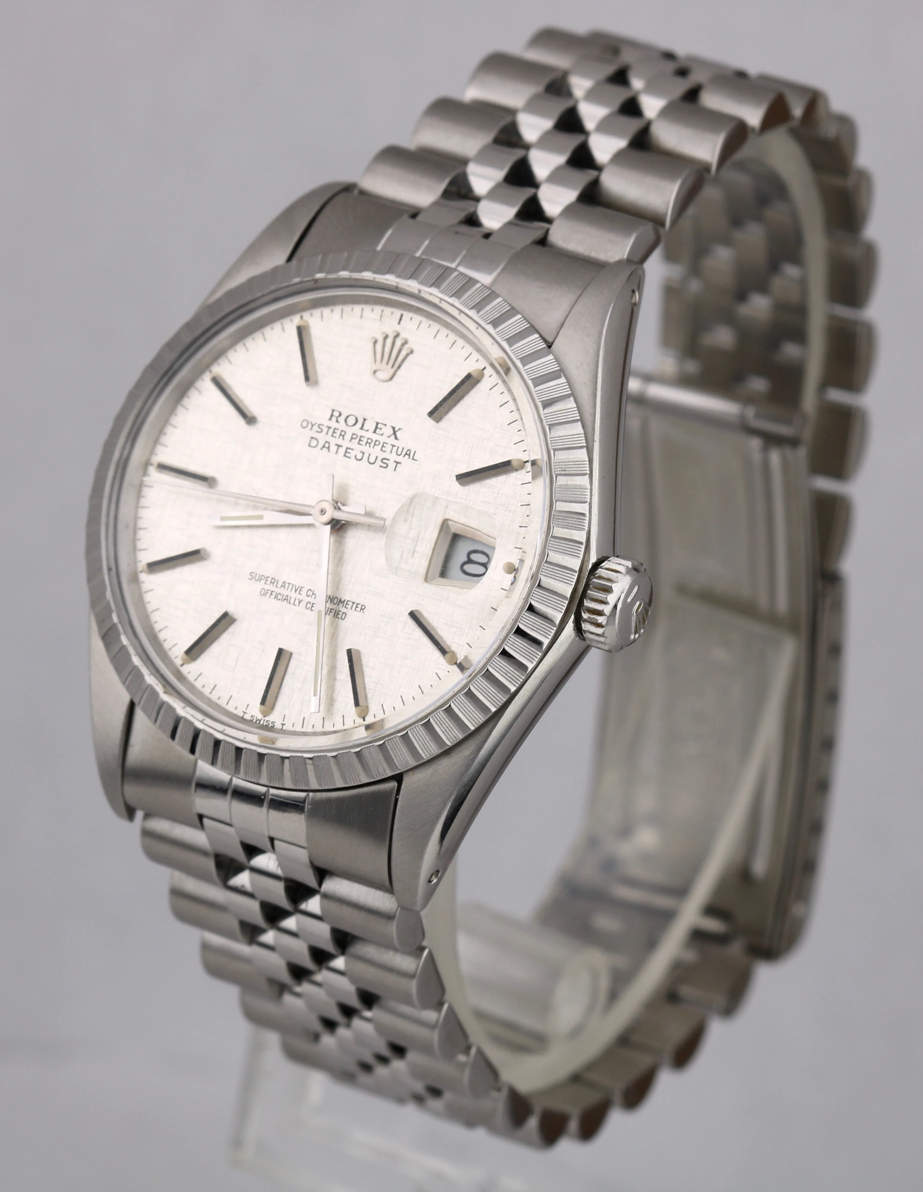 Rolex DateJust 36mm 16030 LINEN Stick Silver Stainless Steel Jubilee Watch