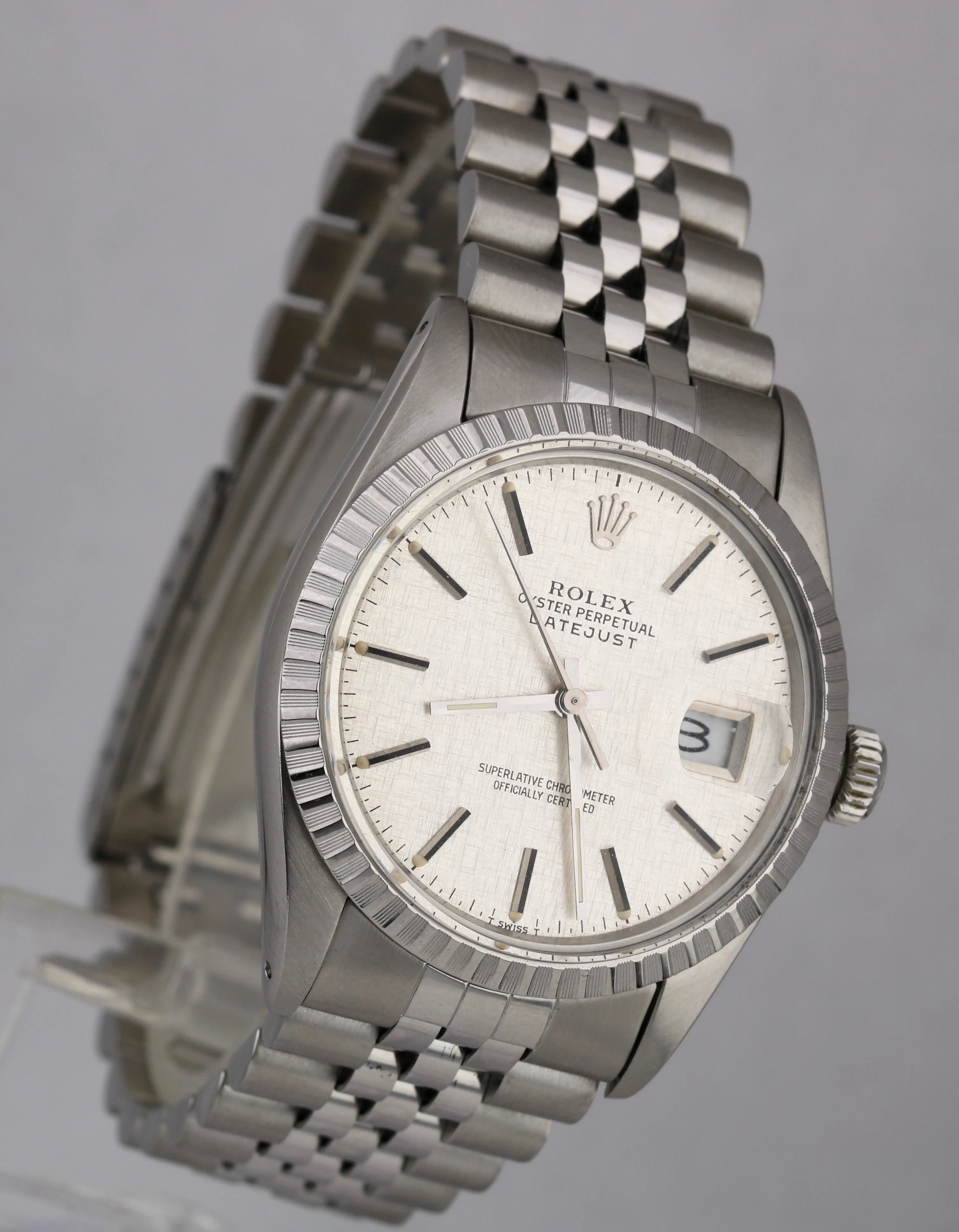 Rolex DateJust 36mm 16030 LINEN Stick Silver Stainless Steel Jubilee Watch