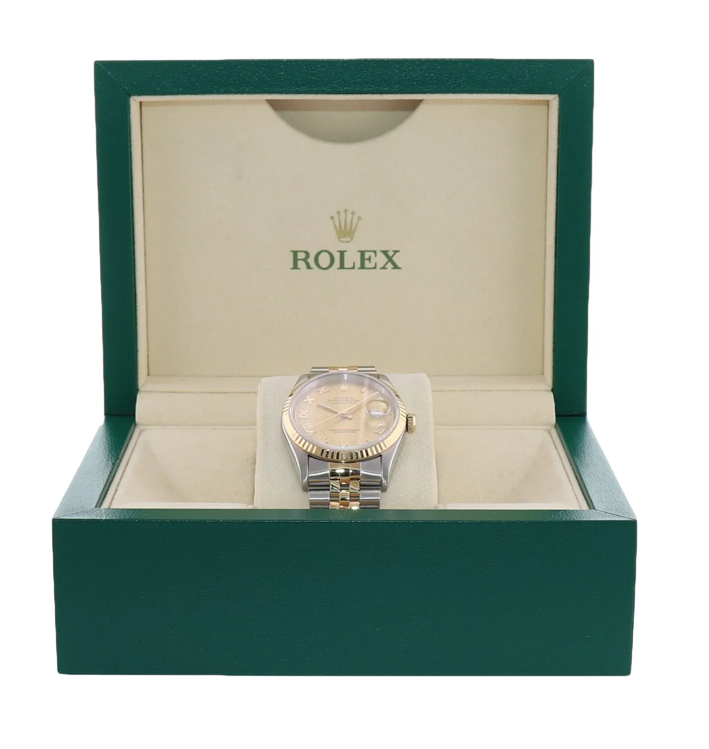 Rolex DateJust 36mm 16233 Two Tone 18k Gold Jubilee Champagne Roman Watch Box