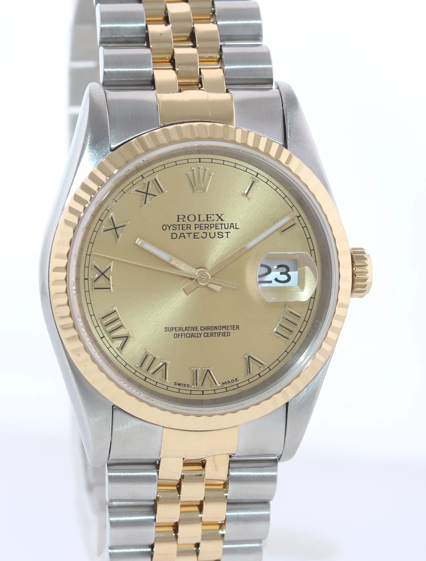 Rolex DateJust 36mm 16233 Two Tone 18k Gold Jubilee Champagne Roman Watch Box
