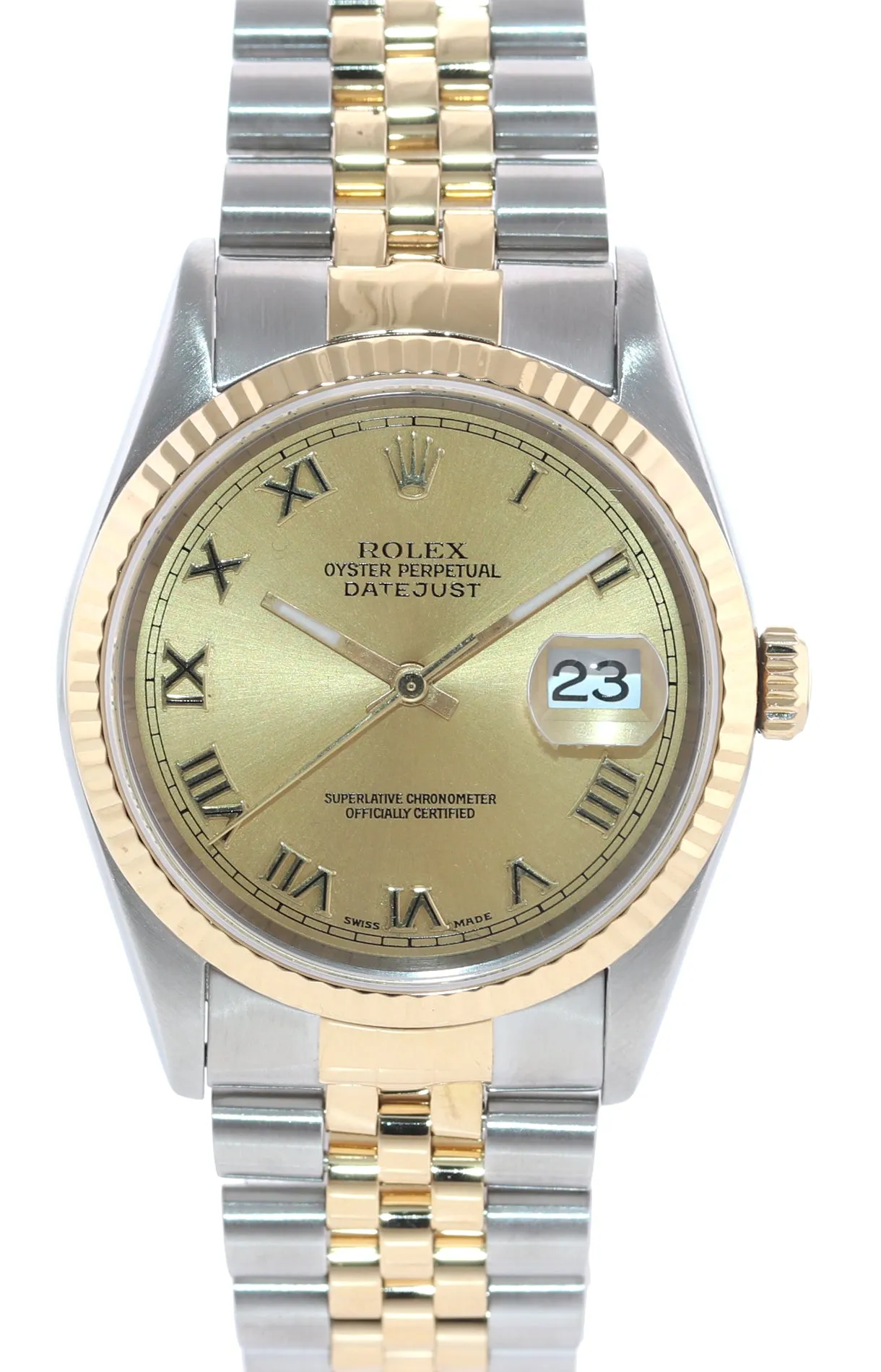 Rolex DateJust 36mm 16233 Two Tone 18k Gold Jubilee Champagne Roman Watch Box