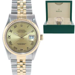 Rolex DateJust 36mm 16233 Two Tone 18k Gold Jubilee Champagne Roman Watch Box