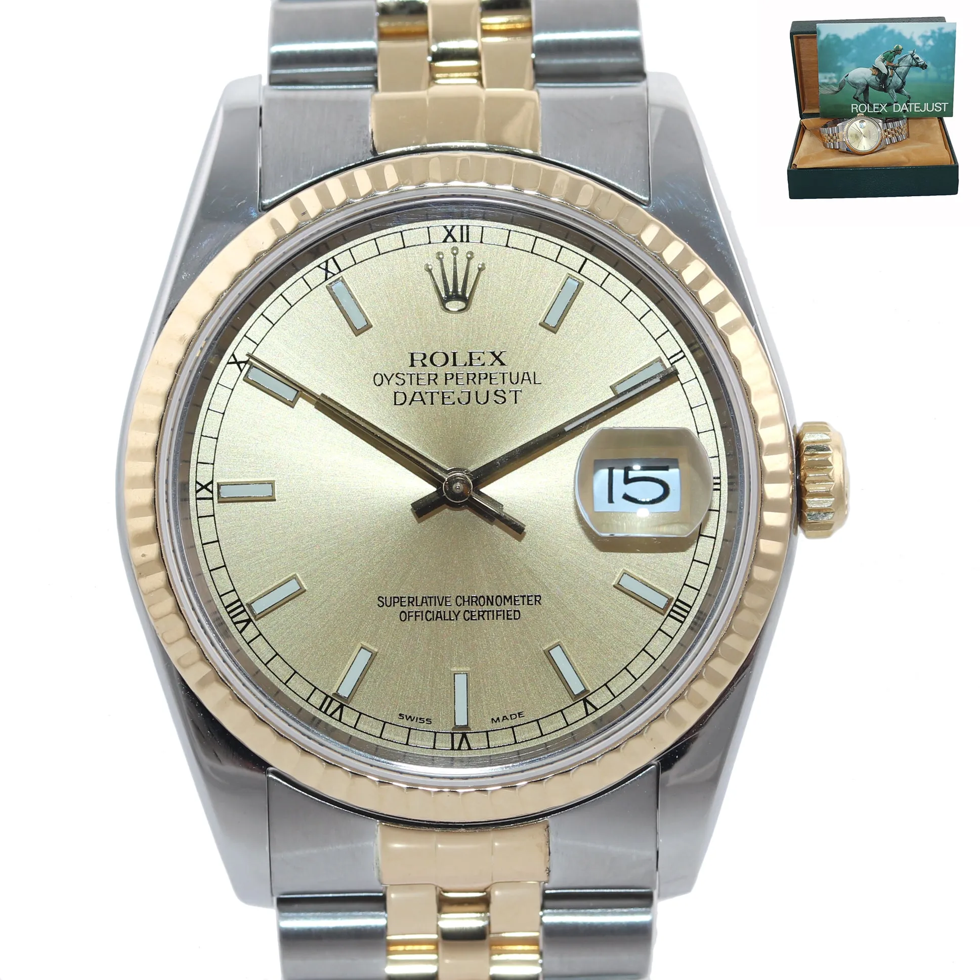 Rolex DateJust 36mm 16233 Two Tone 18k Gold Jubilee Champagne Stick Watch Box