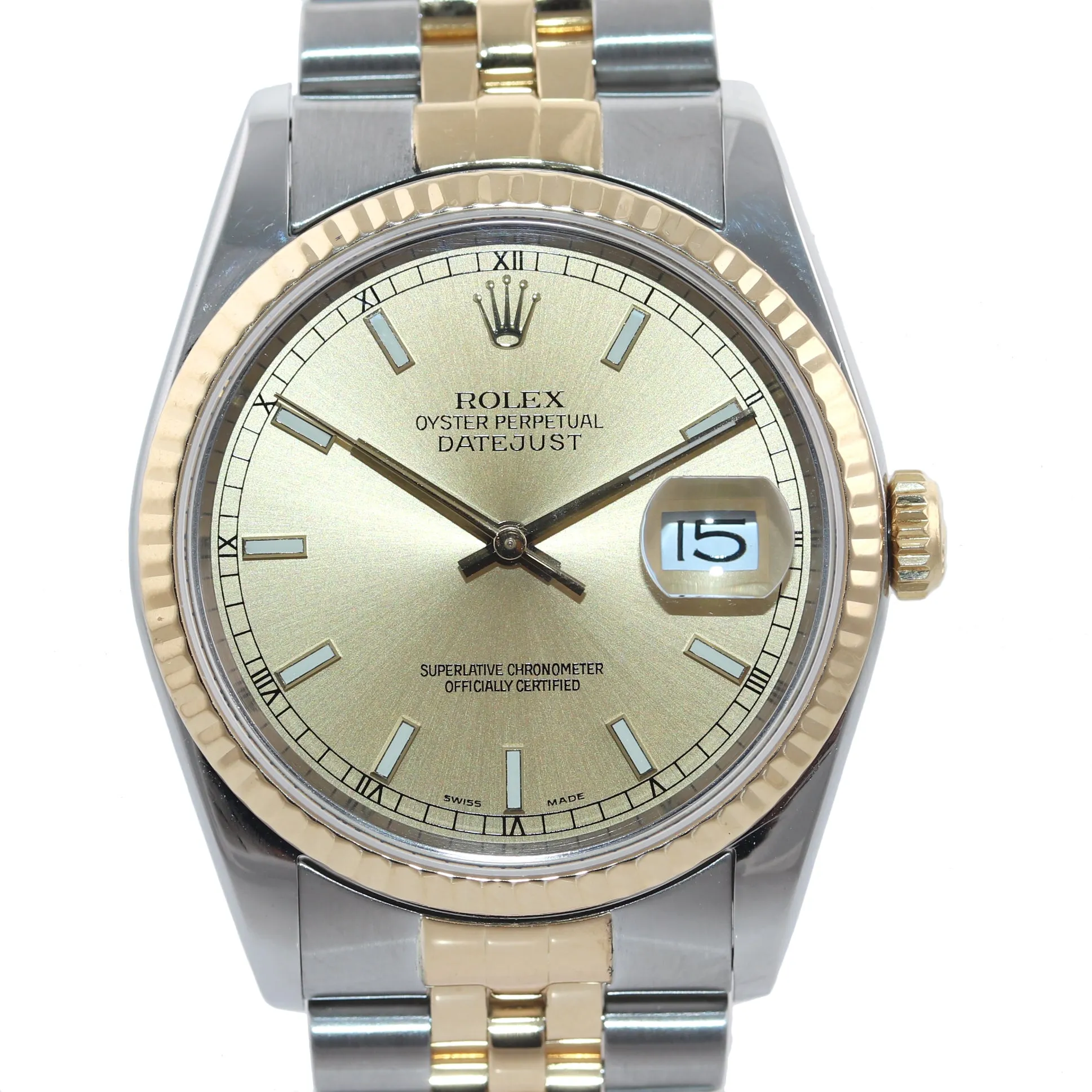Rolex DateJust 36mm 16233 Two Tone 18k Gold Jubilee Champagne Stick Watch Box