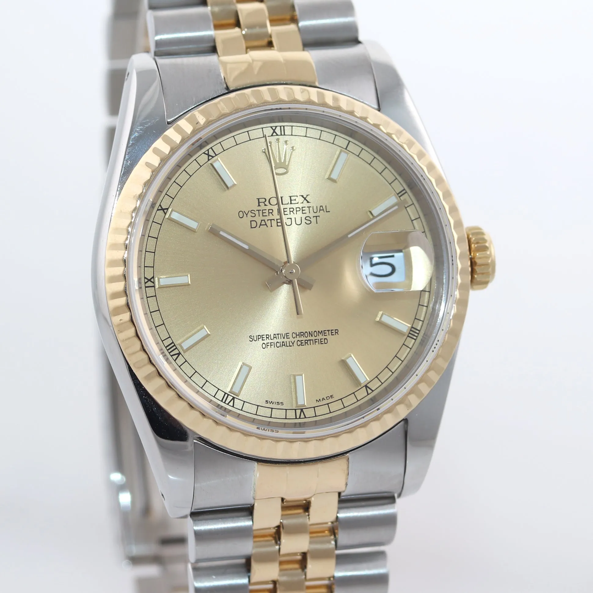 Rolex DateJust 36mm 16233 Two Tone 18k Gold Jubilee Champagne Stick Watch Box