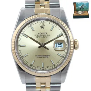 Rolex DateJust 36mm 16233 Two Tone 18k Gold Jubilee Champagne Stick Watch Box