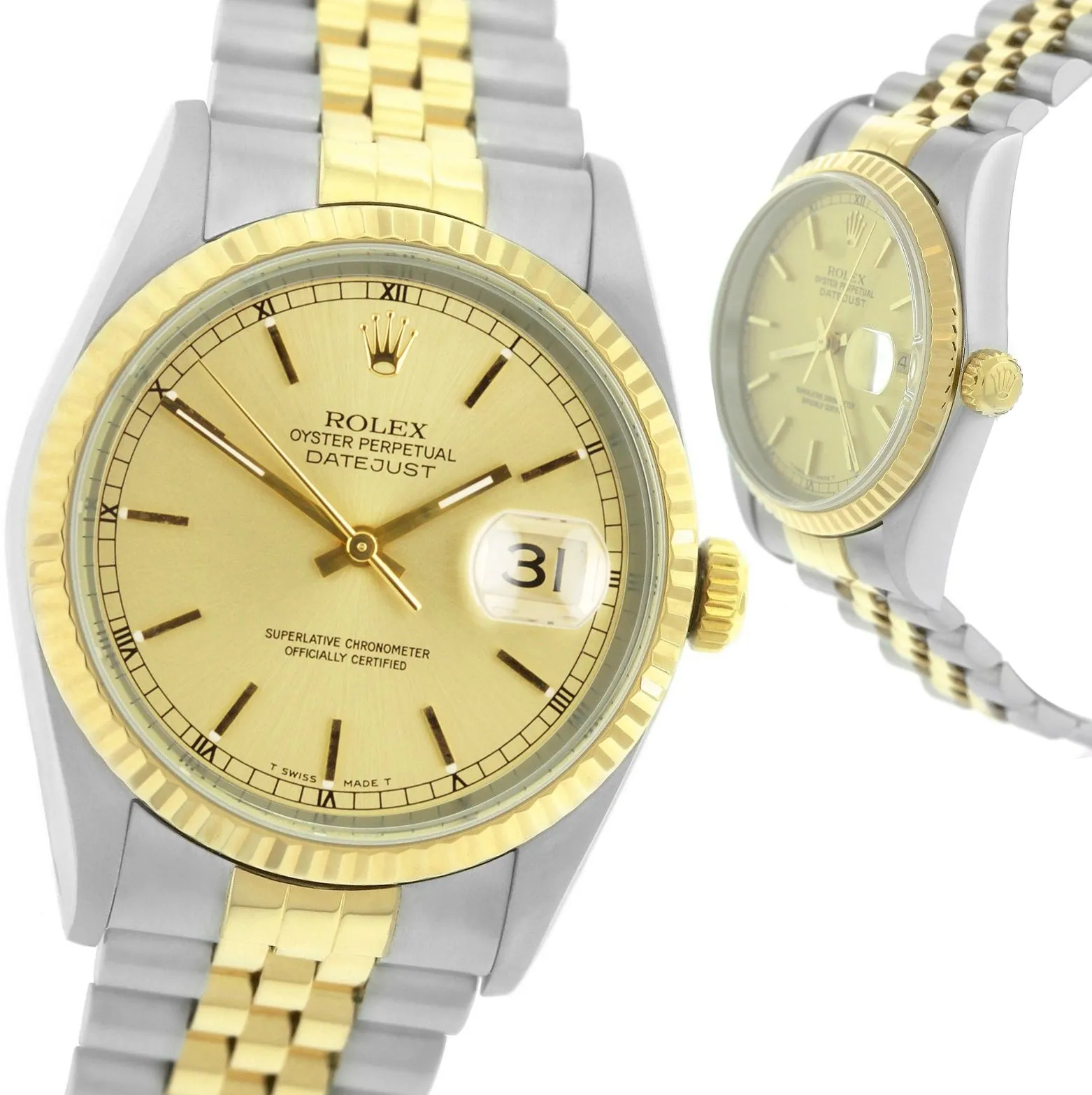 Rolex DateJust 36mm NO HOLES Two-Tone 18K Gold Champagne Jubilee Watch 16233