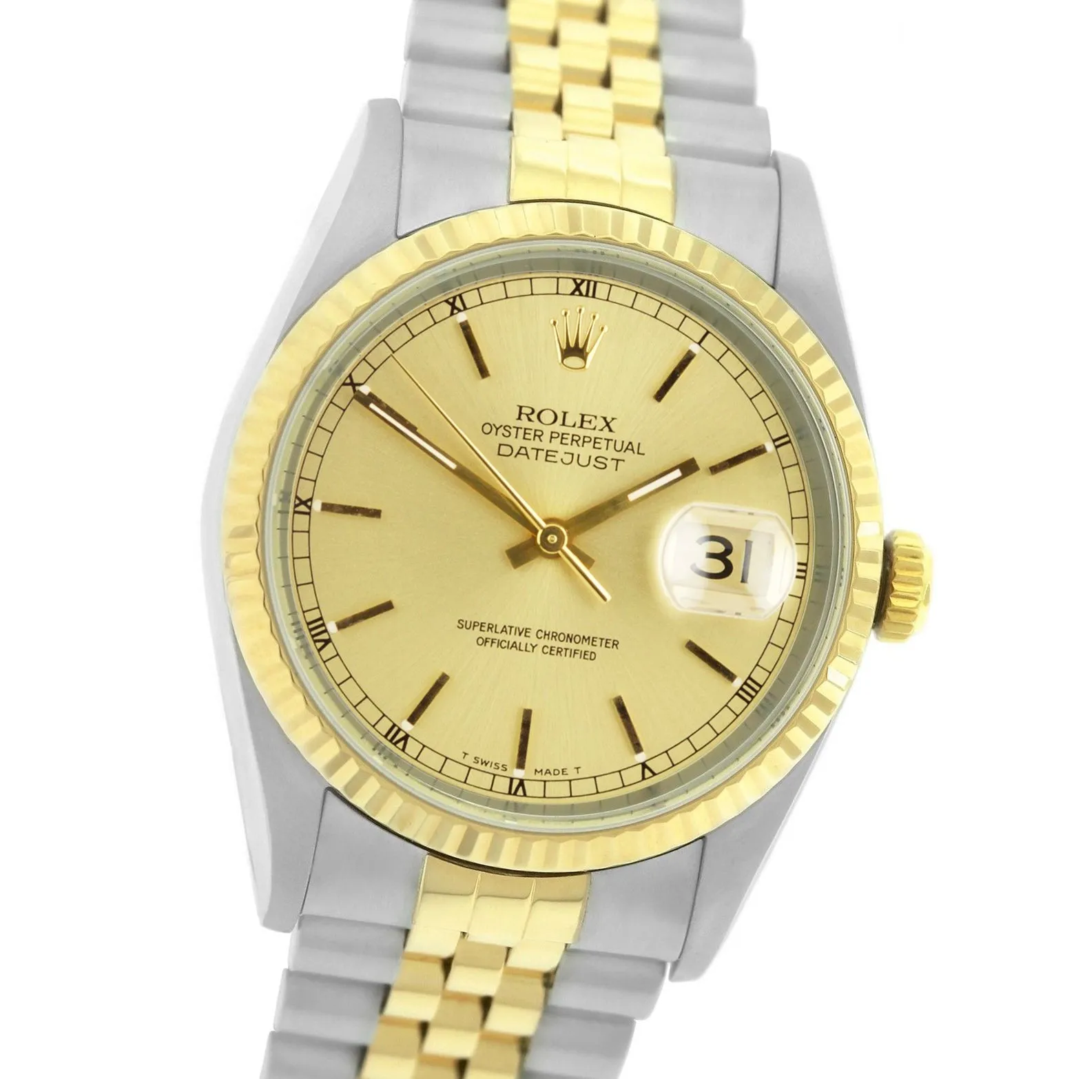 Rolex DateJust 36mm NO HOLES Two-Tone 18K Gold Champagne Jubilee Watch 16233
