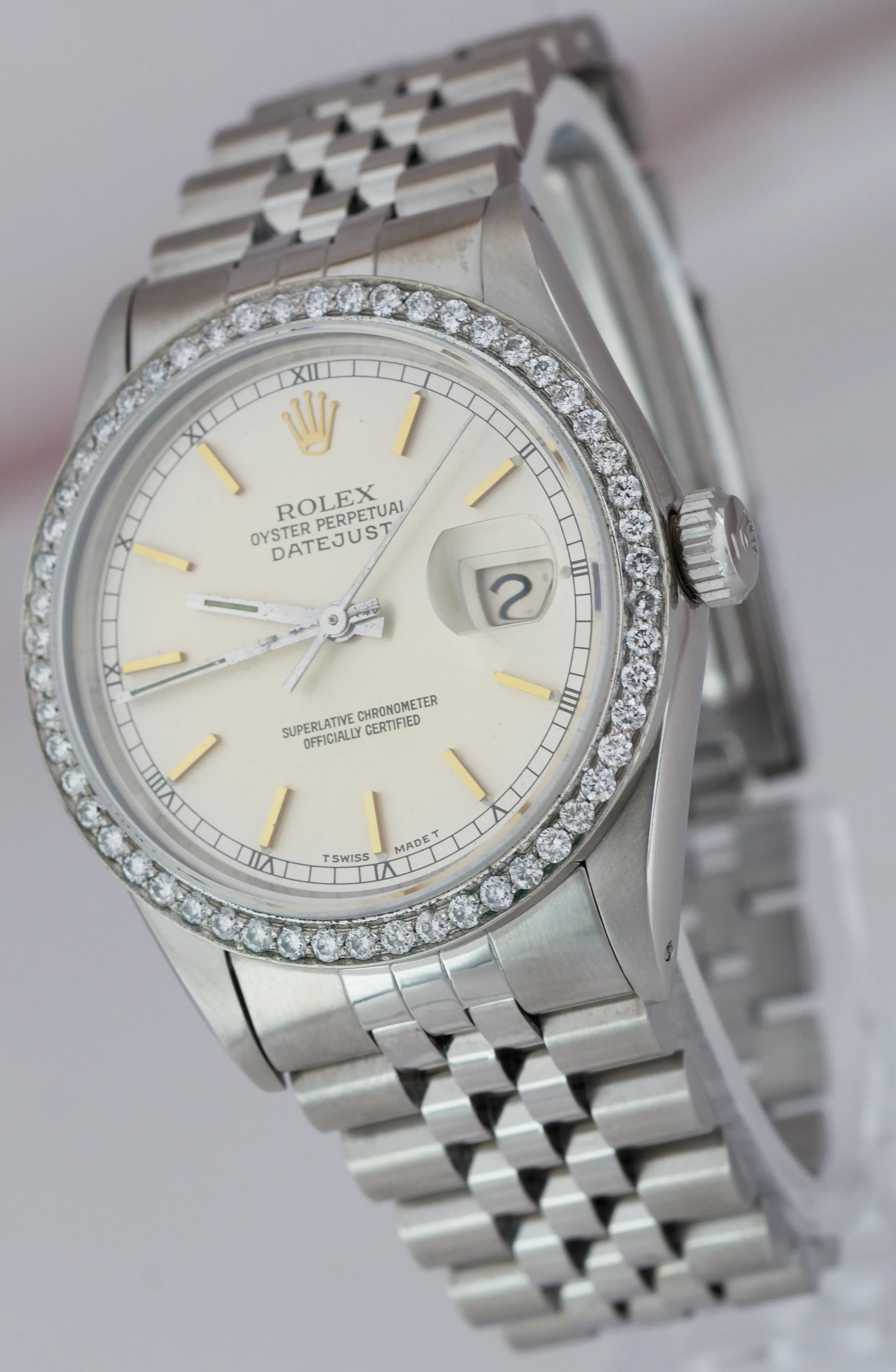Rolex DateJust 36mm Stainless Steel DIAMOND BEZEL Silver Jubilee Watch 16014