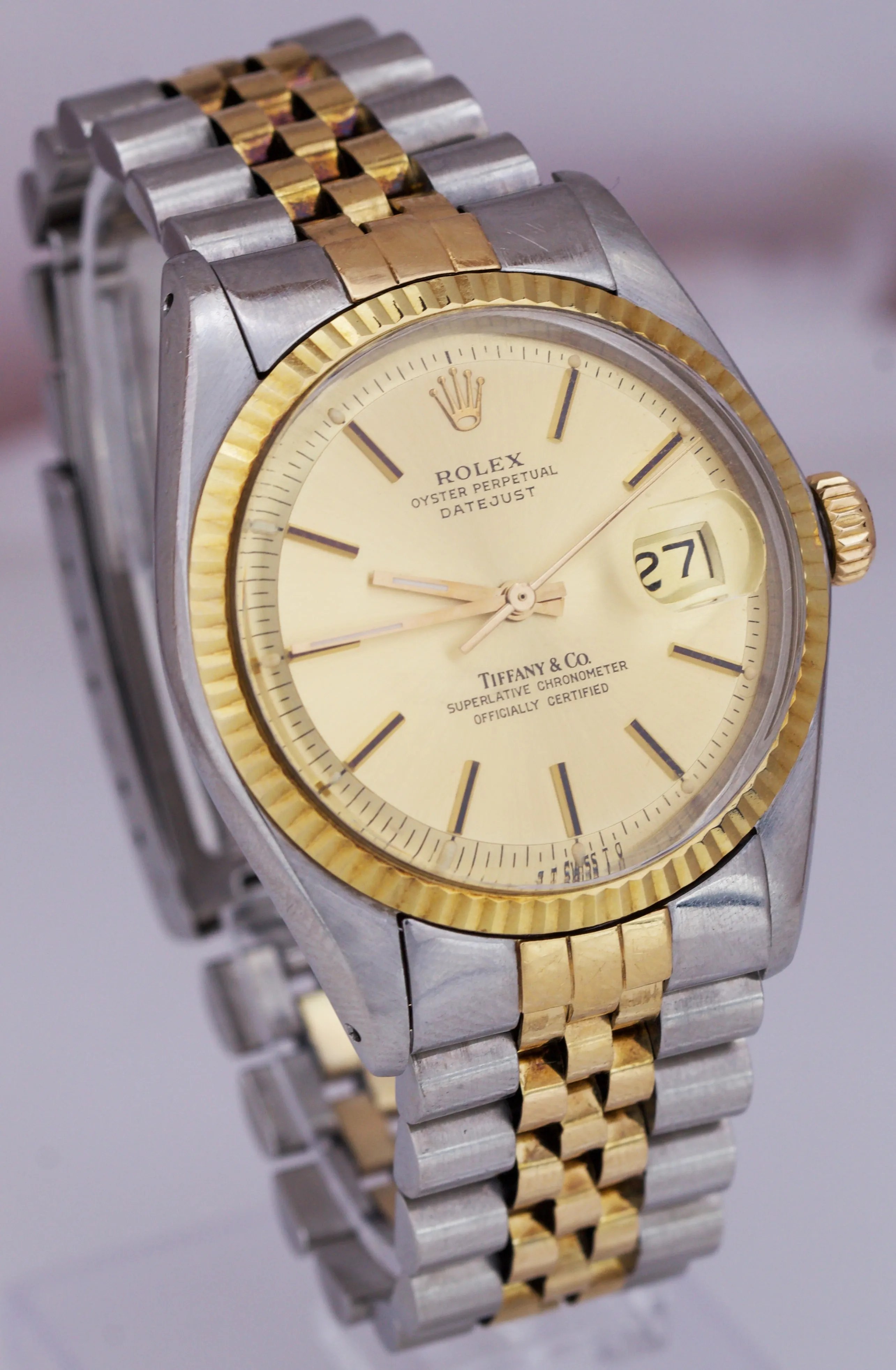 Rolex DateJust 36mm Tiffany & Co Dial Champagne Two-Tone Gold Jubilee Watch 1601