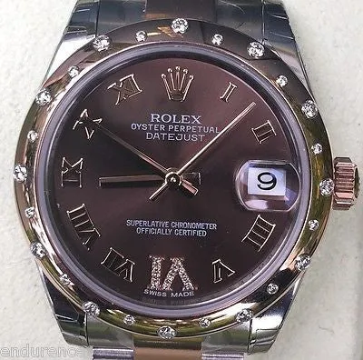 ROLEX DATEJUST LADIES MIDSIZE TWO TONE DIAMOND DOMED BEZEL CHOCOLATE DIAL 178341