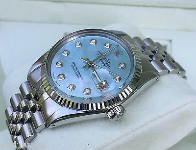 ROLEX DATEJUST MENS STEEL WATCH CAROLINA BLUE MOTHER OF PEARL DIAMOND DIAL 16014
