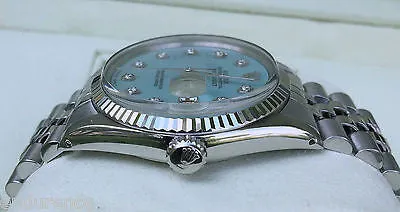 ROLEX DATEJUST MENS STEEL WATCH CAROLINA BLUE MOTHER OF PEARL DIAMOND DIAL 16014