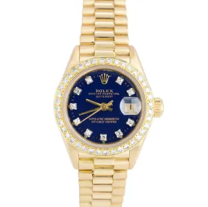 Rolex DateJust President 26 Diamond Bezel Blue Dial 18K Yellow Gold Watch 69178