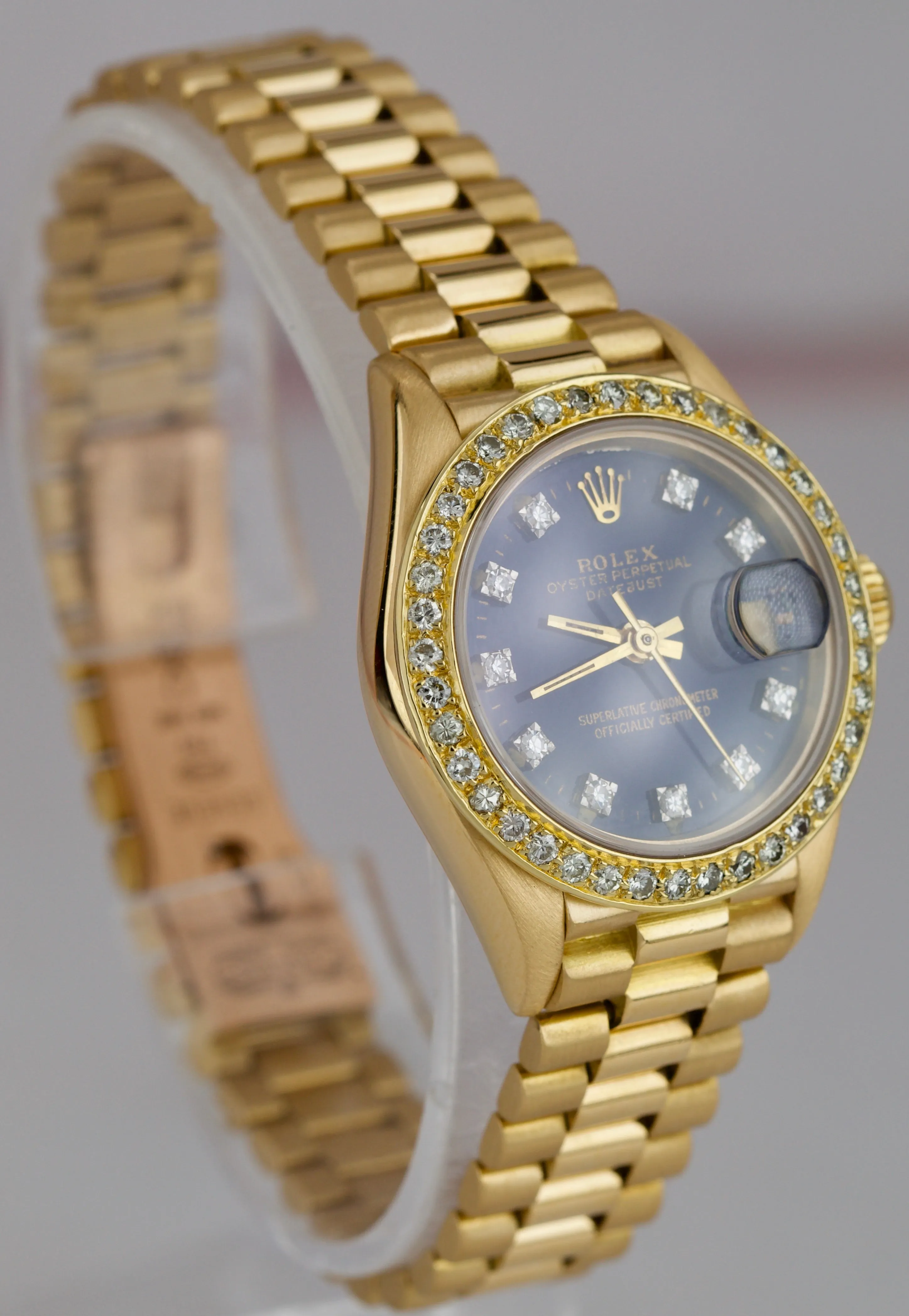 Rolex DateJust President 26 Diamond Bezel Blue Dial 18K Yellow Gold Watch 69178