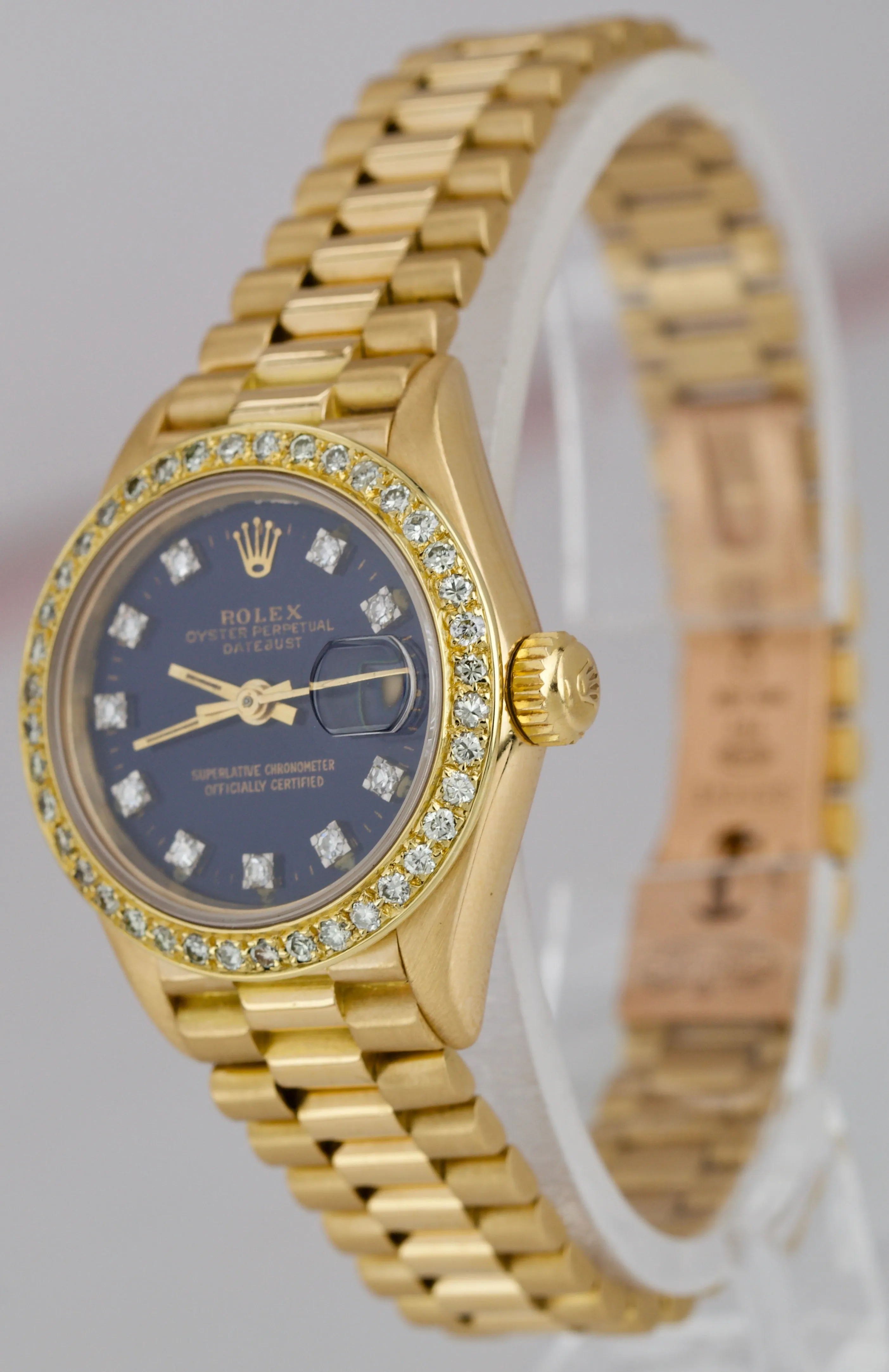 Rolex DateJust President 26 Diamond Bezel Blue Dial 18K Yellow Gold Watch 69178