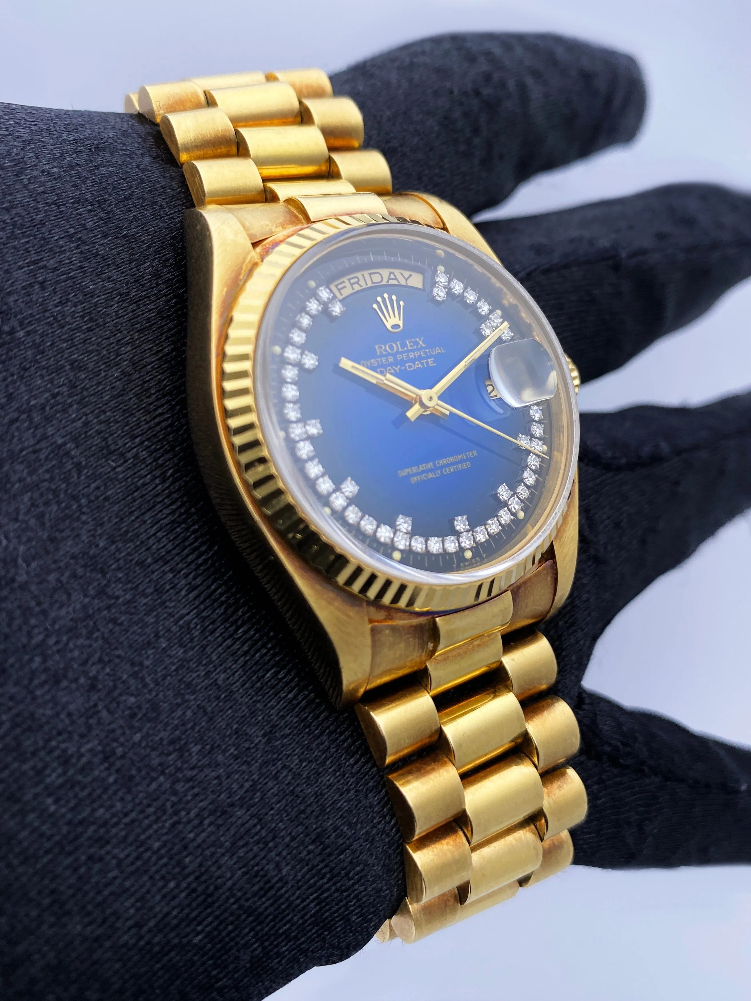 Rolex Day Date 18038 Blue Vignette Diamond Dial Yellow Gold Mens Watch